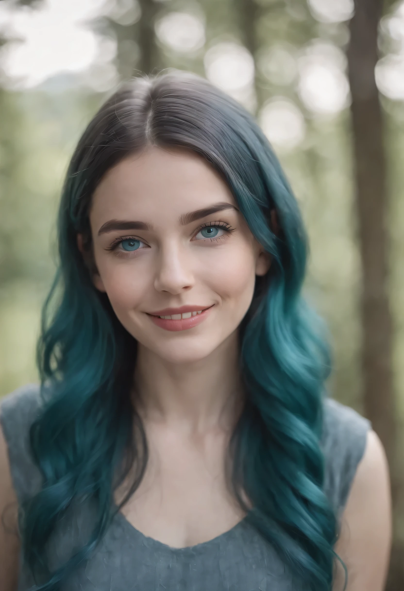 1girl, teal hair, blue grey eyes, long hair, smiling