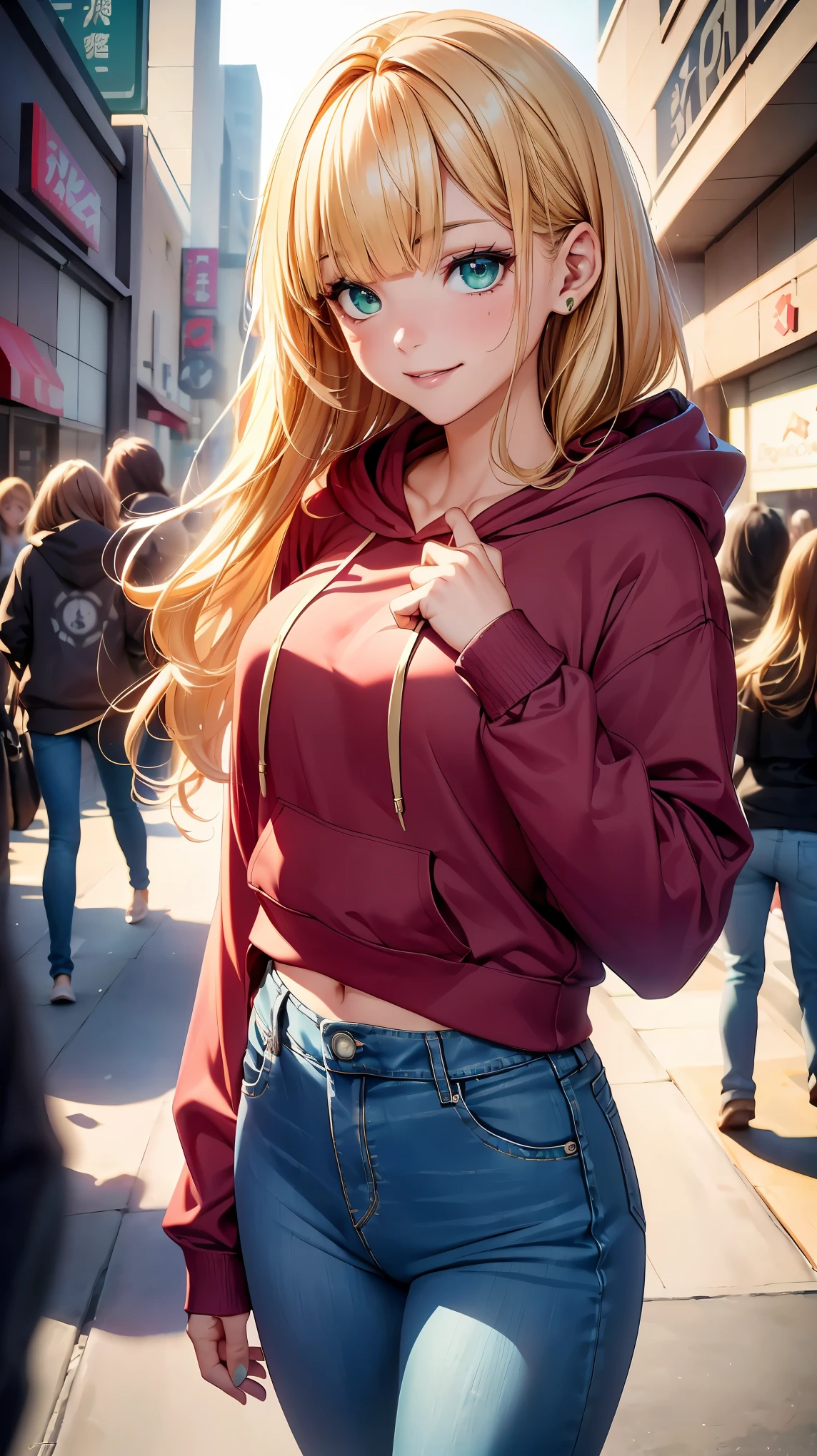 (8K, RAW photo, 最high quality, masterpiece:1.2), High-definition RAW color photo, Professional photo shoot, cinematic light, alone, (((young woman, gal))), (Sharp features), (small face), (high detail skin:1.2), clavicle, cute face, beautiful appearance, long eyelashes, (rainbow hair, greenいeye), beautiful breasts, (slim body shape:1.4), very detailed顔と肌の質感, 詳細なeye, double eyelid, 横eyeで見る, Place your hands behind your body, ((blonde, long bangs on one side, asymmetrical bangs, 片eyeが隠れる, wavy hair)), slender body, ((open your mouth and smile:1.2, 上eye遣い)), big breasts, normal hip joint, green_eye, cowboy shot, composition from above, (((hoodie:1.5, denim pants, Seductive thighs))), downtown at night, 見つめるeye, beautiful skin, shiny skin, perfect fingers, five fingers, anatomically correct, background bokeh, high quality, surreal, bright colors, ((very detailed, photo shoot)),