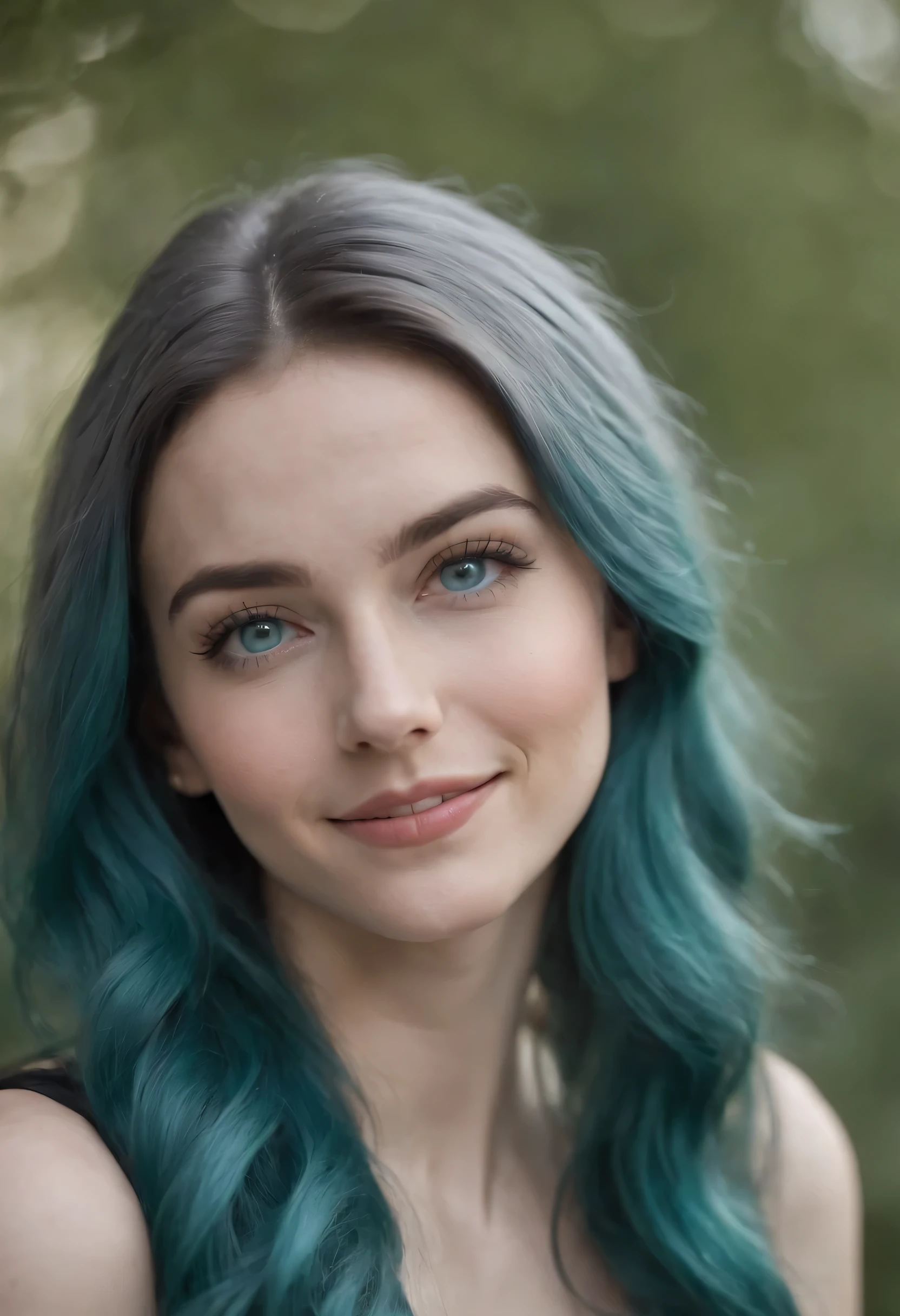 1girl, teal hair, blue grey  eyes, long  hair, smiling