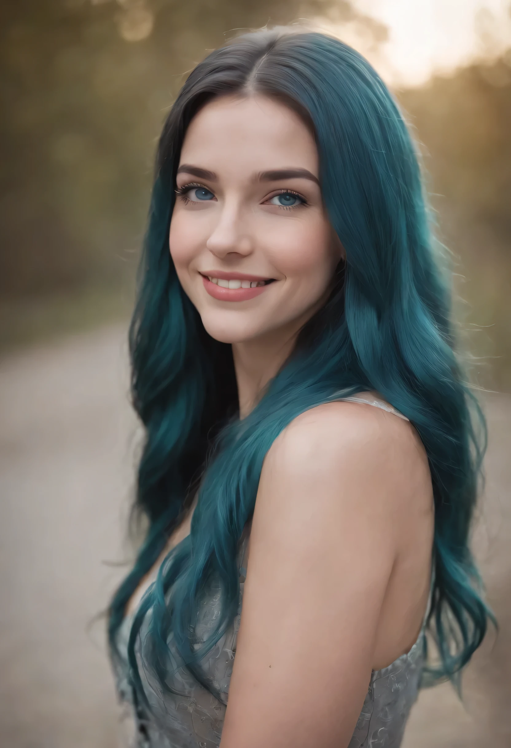 1girl, teal hair, blue grey eyes, long hair, smiling