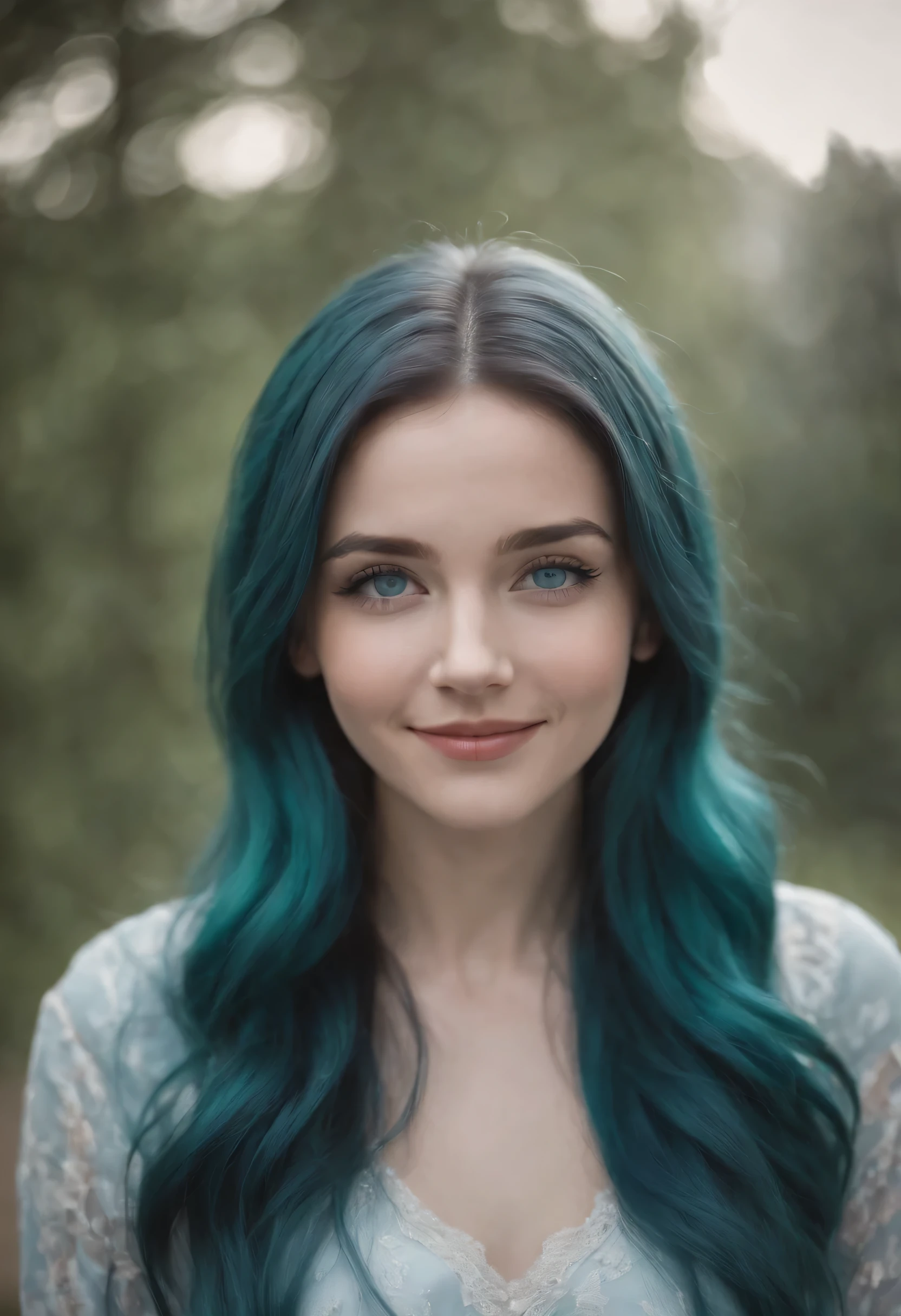 1girl, teal hair, blue grey eyes, long hair, smiling