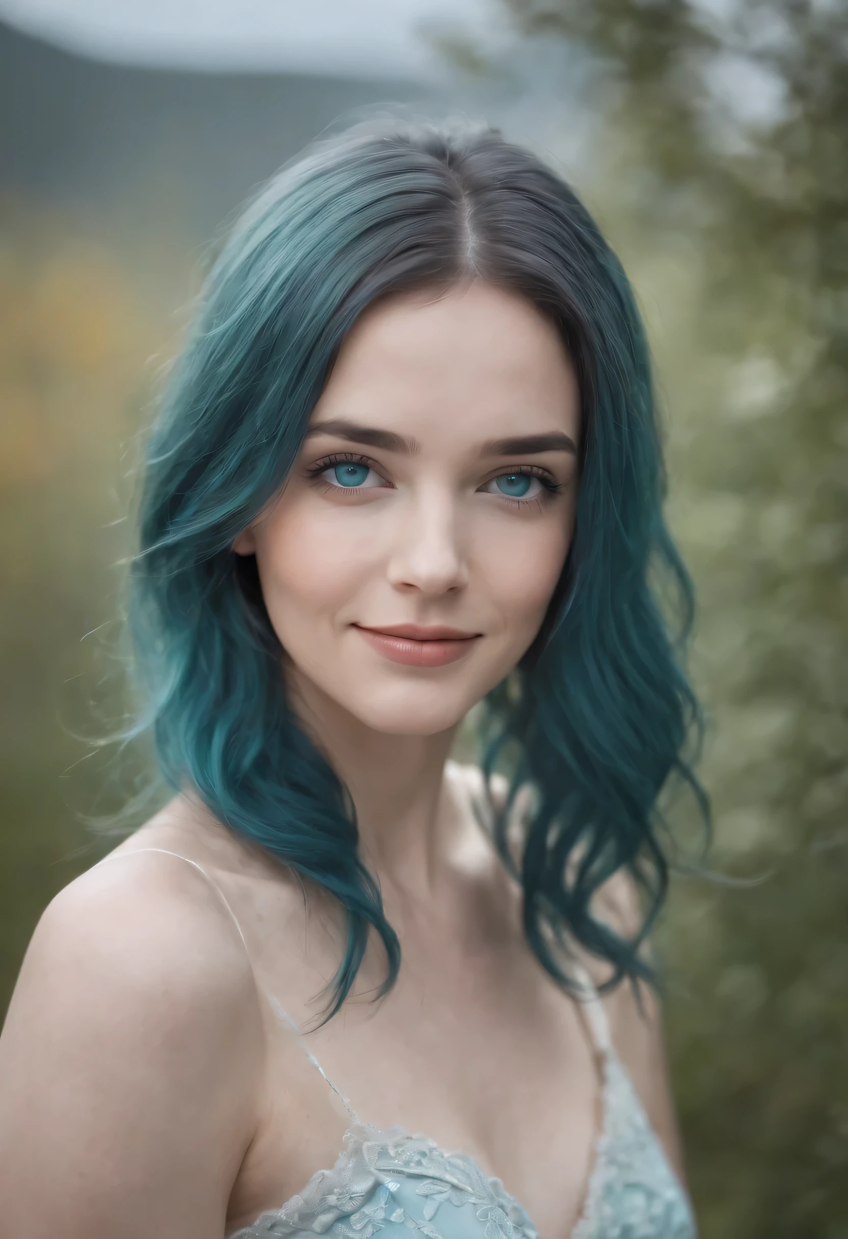 1girl, teal hair, blue grey  eyes, long  hair, smiling
