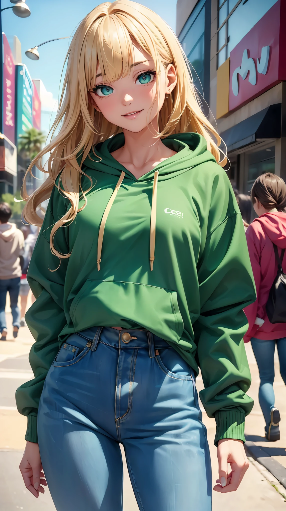 (8K, RAW photo, 最high quality, masterpiece:1.2), High-definition RAW color photo, Professional photo shoot, cinematic light, alone, (((young woman, gal))), (Sharp features), (small face), (high detail skin:1.2), clavicle, cute face, beautiful appearance, long eyelashes, (rainbow hair, greenいeye), beautiful breasts, (slim body shape:1.4), very detailed顔と肌の質感, 詳細なeye, double eyelid, 横eyeで見る, Place your hands behind your body, ((blonde, long bangs on one side, asymmetrical bangs, 片eyeが隠れる, wavy hair)), slender body, ((open your mouth and smile:1.2, 上eye遣い)), big breasts, normal hip joint, green_eye, cowboy shot, composition from above, (((hoodie:1.5, denim pants, Seductive thighs))), downtown at night, 見つめるeye, beautiful skin, shiny skin, perfect fingers, five fingers, anatomically correct, background bokeh, high quality, surreal, bright colors, ((very detailed, photo shoot)),