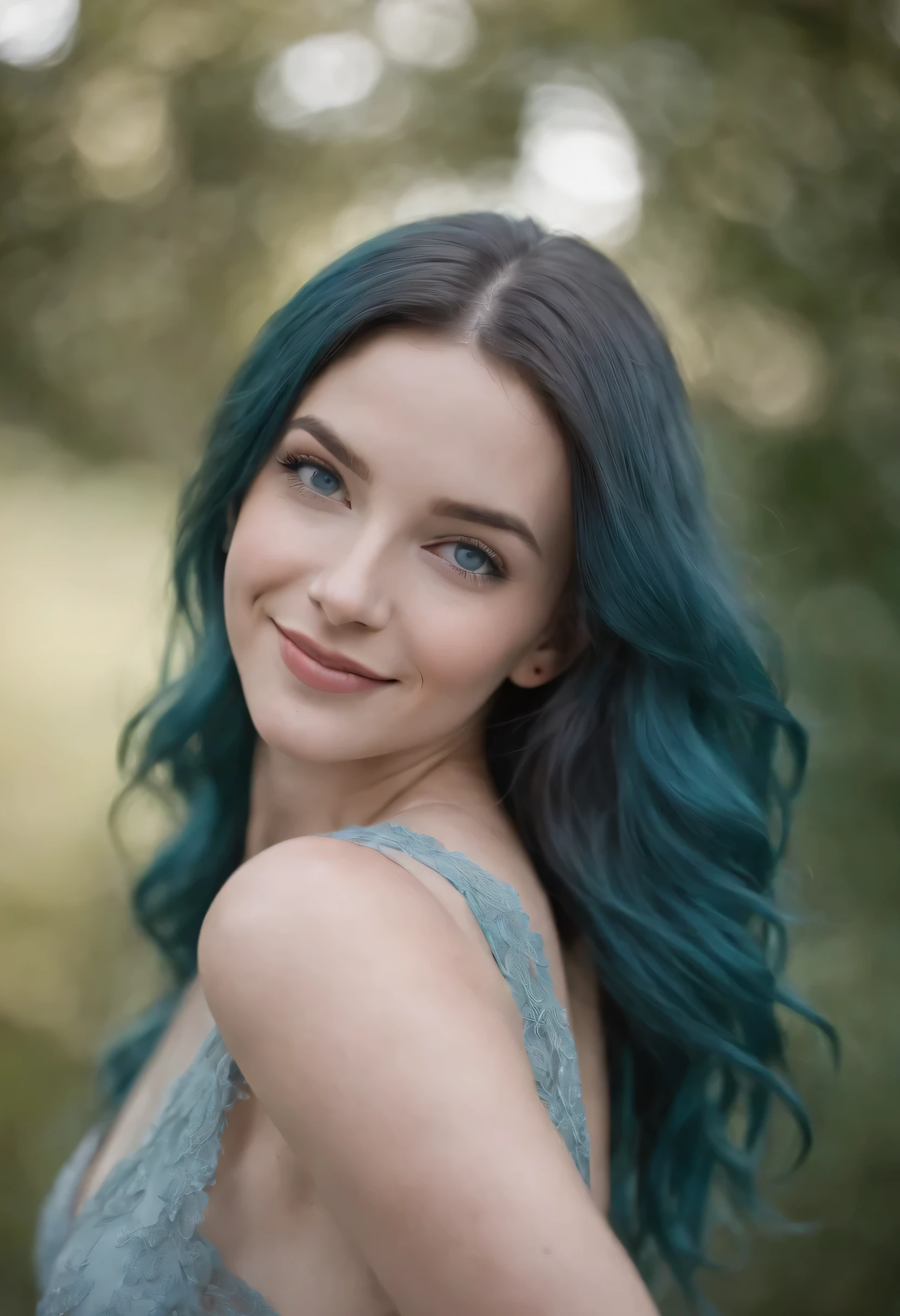1girl, teal hair, blue grey eyes, long hair, smiling
