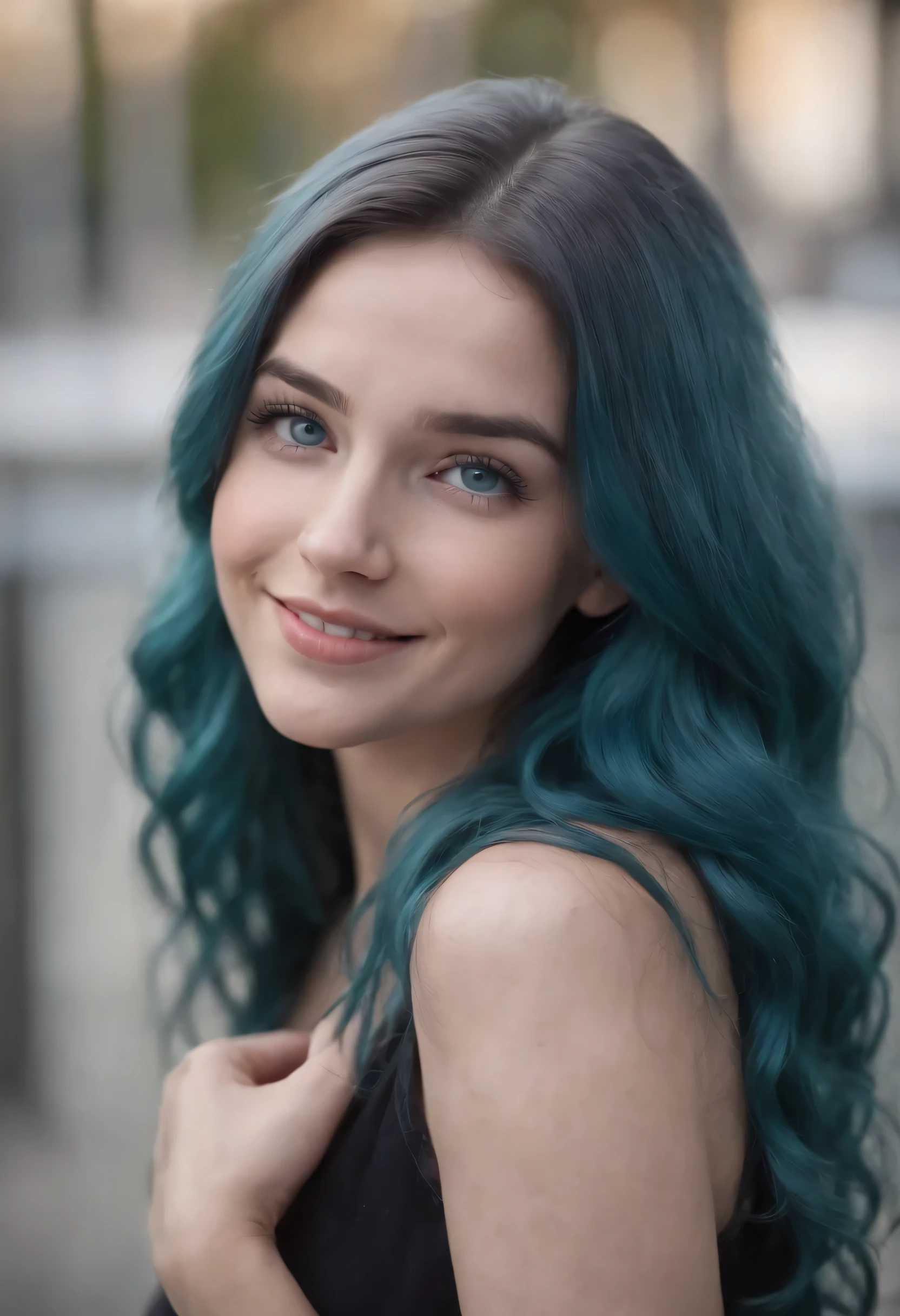 1girl, teal hair, blue grey eyes, long hair, smiling