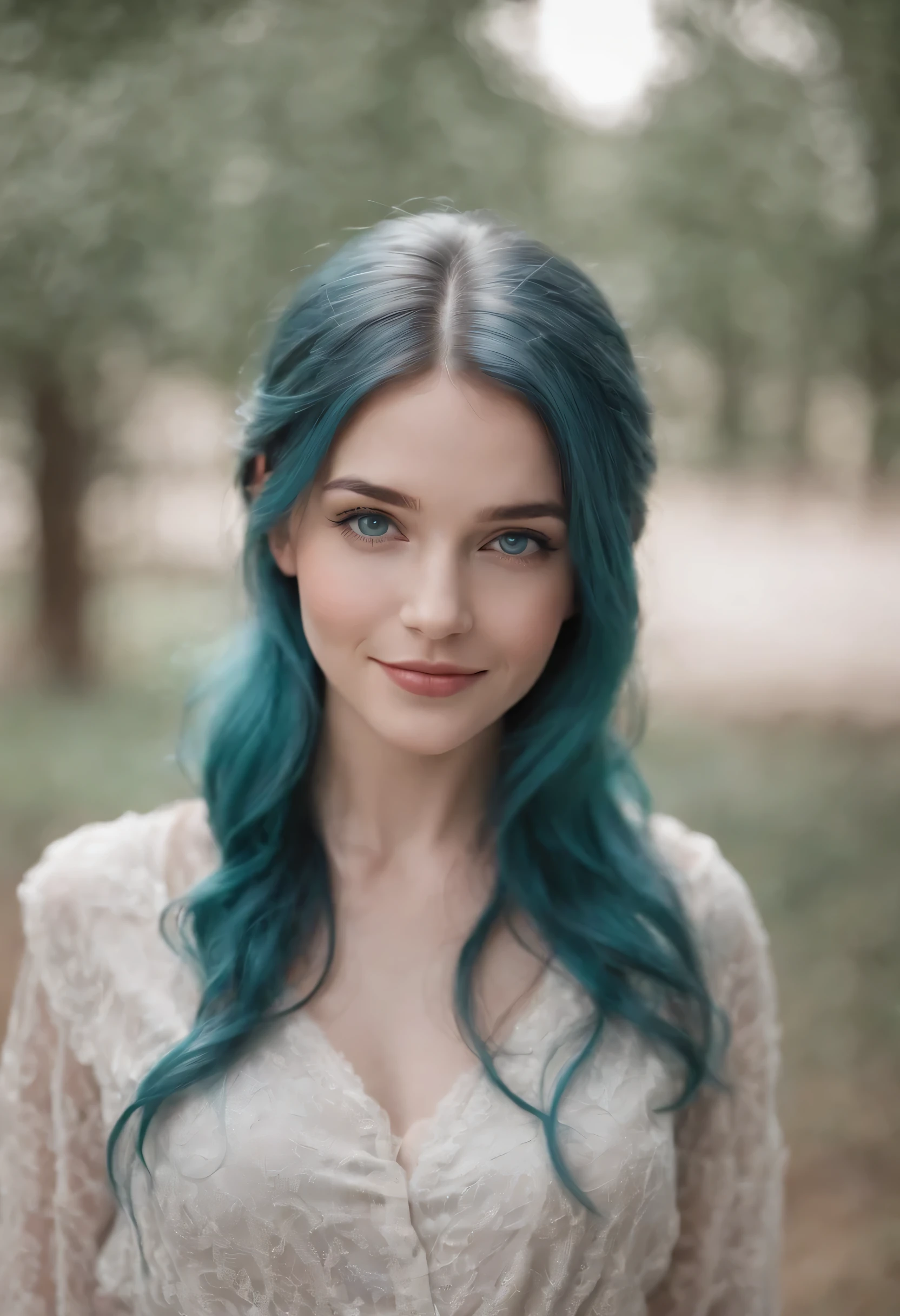 1girl, teal hair, blue grey eyes, long hair, smiling