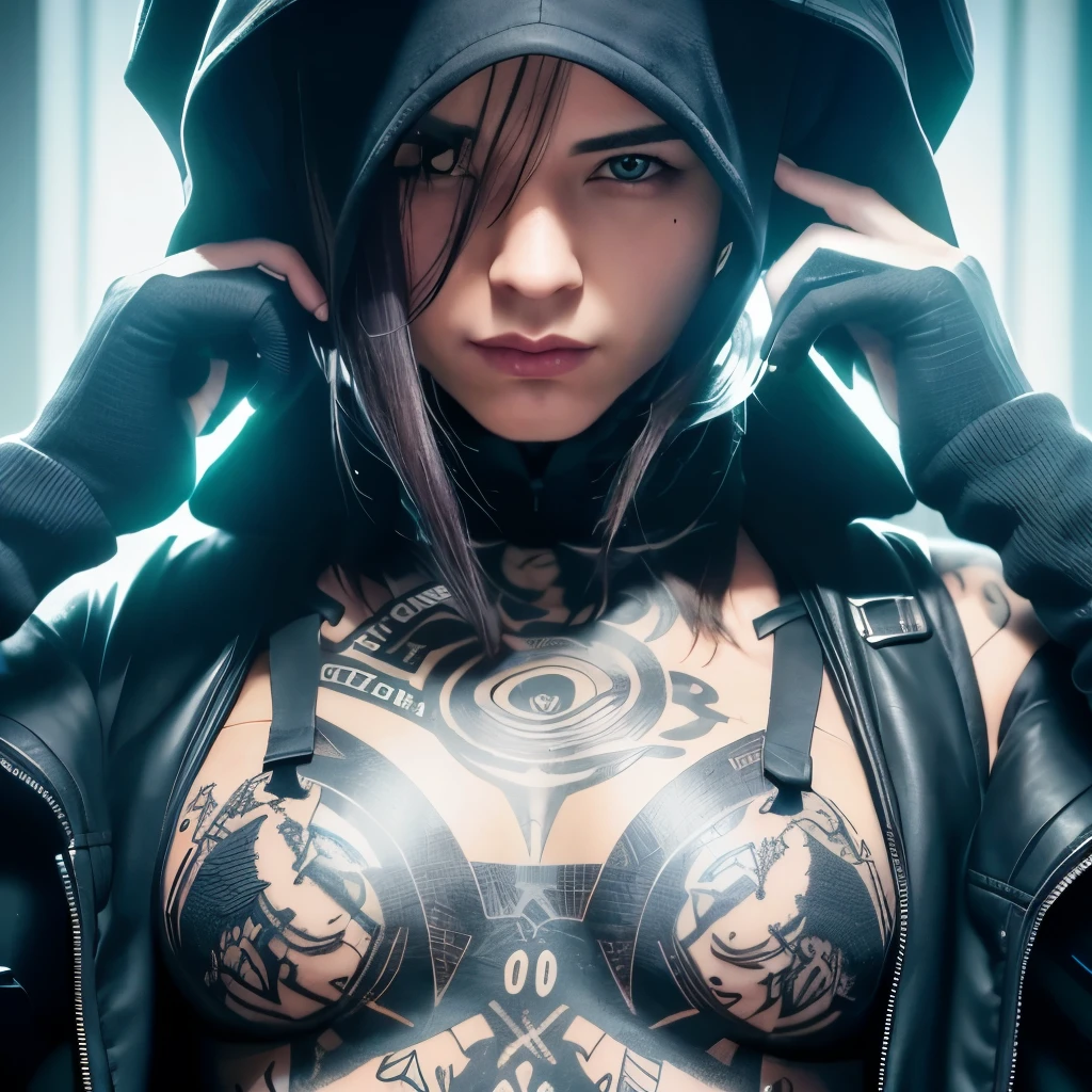 Shadowrun hacker, weiblich mit schwarzen langen haaren , tatttooed, kurzer schwarzer rock