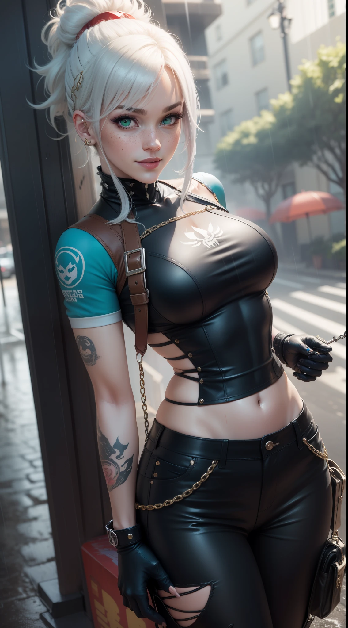 gwen tennyson,yorha 2b,akali,mordred,tracer, samus aran,overwatch,atelier ryza,close up,yakuza mansion,dragon tattoos,white and gold plugsuit,black short sleeve sport top,chain wallet,royal blue short sleeve punk jacket,royal blue cargo pants,short punk hair,punk makeup,green eyes,multicolored silver hair,punk gloves,sexy smile,freckles,beautiful girl,military boots,large breasts,8k,ultra detailed,realistic,fantasy art,hair pin,wet body,ear piercings,(weather:rainy),1girl, gold neck, hand, waist and head jewelry,golden guns,