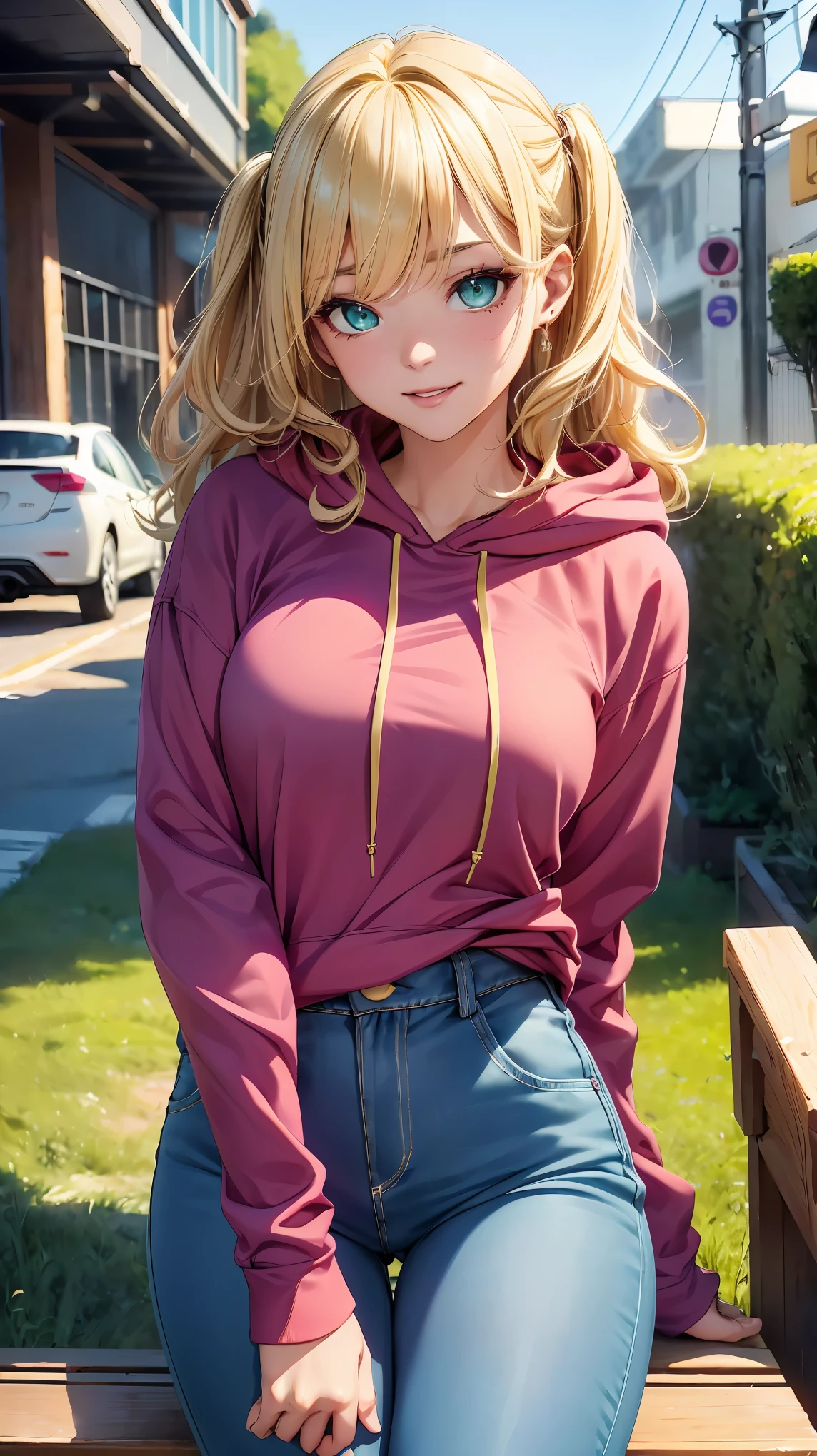 (8K, RAW photo, 最high quality, masterpiece:1.2), High-definition RAW color photo, Professional photo shoot, cinematic light, alone, (((young woman, gal))), (Sharp features), (small face), (high detail skin:1.2), clavicle, cute face, beautiful appearance, long eyelashes, (rainbow hair, greenいeye), beautiful breasts, (slim body shape:1.4), very detailed顔と肌の質感, 詳細なeye, double eyelid, 横eyeで見る, Place your hands behind your body, ((blonde, long bangs on one side, asymmetrical bangs, 片eyeが隠れる, wavy hair)), slender body, ((open your mouth and smile:1.2, 上eye遣い)), big breasts, normal hip joint, green_eye, cowboy shot, composition from above, (((hoodie:1.5, denim pants, Seductive thighs))), downtown at night, 見つめるeye, beautiful skin, shiny skin, perfect fingers, five fingers, anatomically correct, background bokeh, high quality, surreal, bright colors, ((very detailed, photo shoot)),