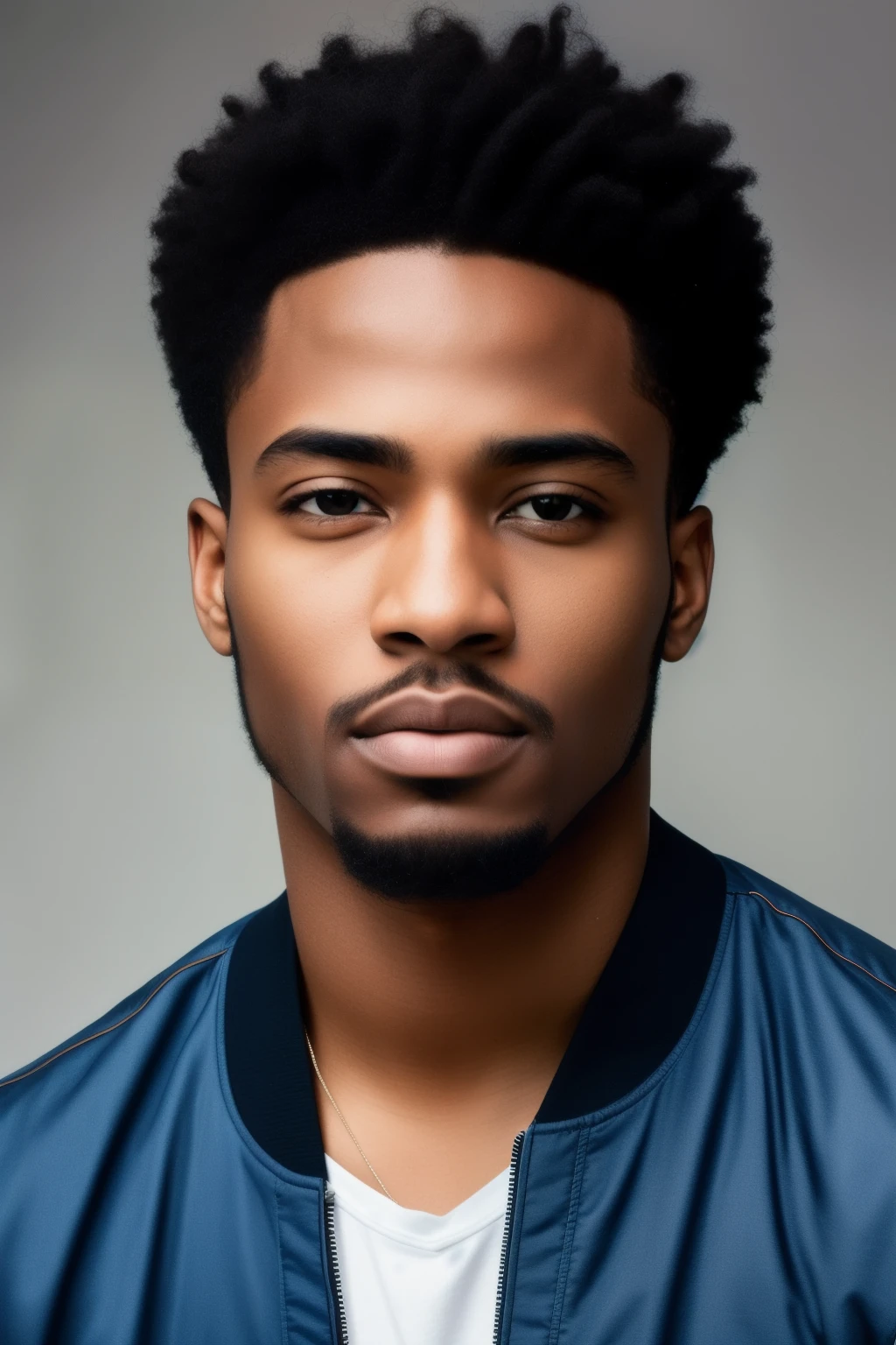 An extremely detailed and realistic portrait, showcasing the face of a 25-year-old man of Nigerian ancestry with piercing blue eyes, sharp facial features, and a strong jawline, captured in ultra-high-resolution with the best illumination.