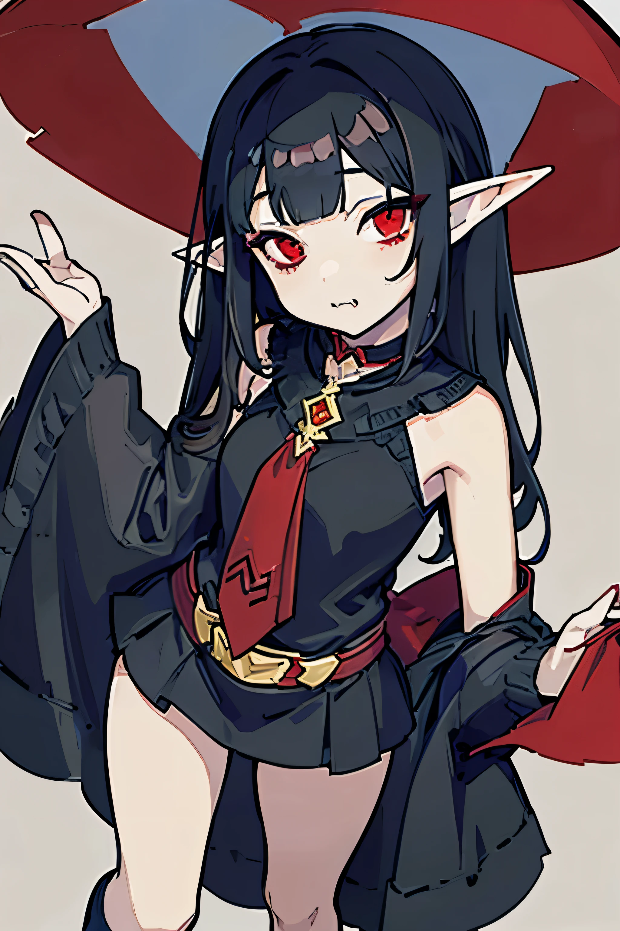 ((best quality)), ((masterpiece)), young girl, dark hair, red eyes, , elf ears, vampire fangs, full body view