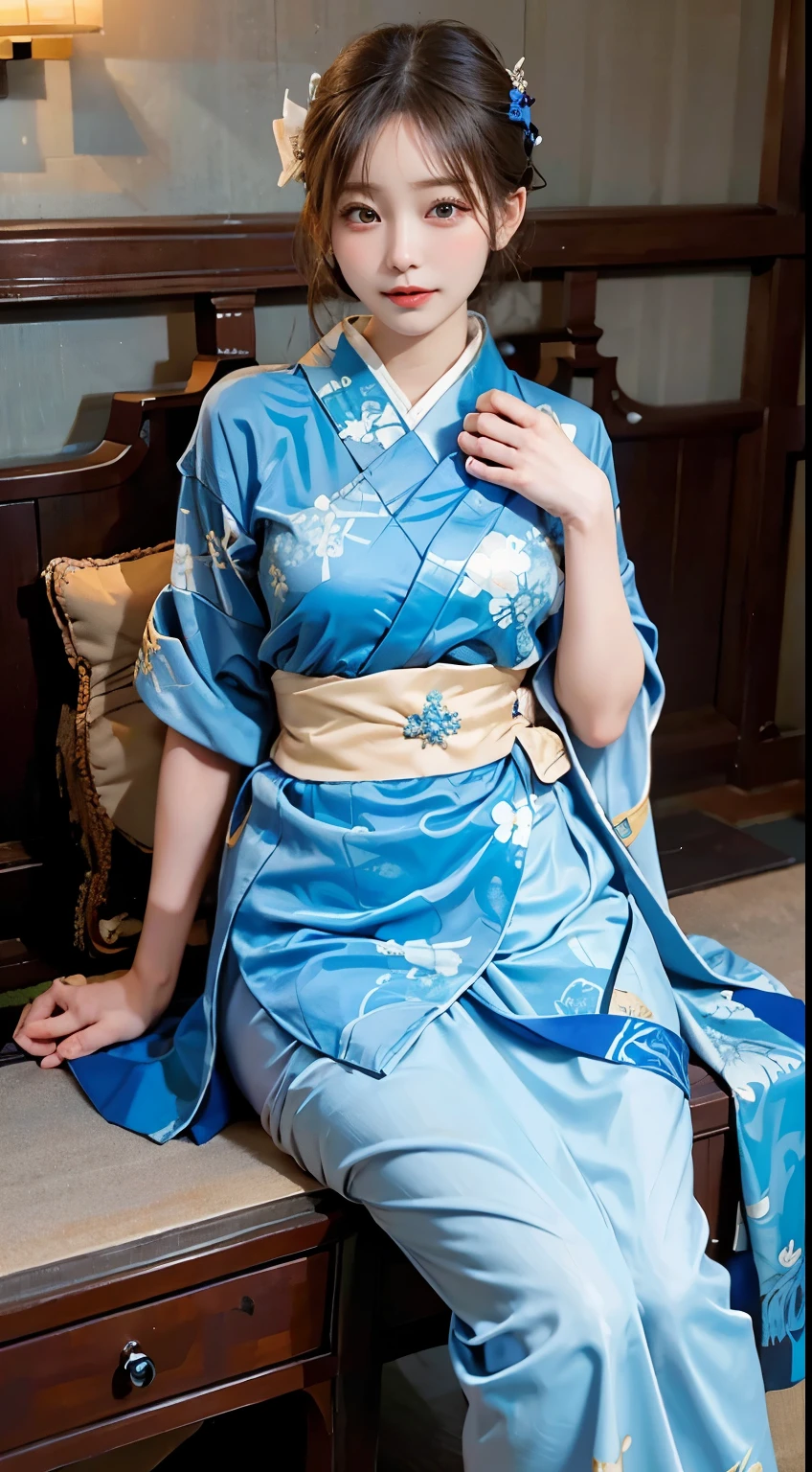 Within a tranquil ambiance, a woman emanates grace in the timeless allure of a modest blue kimono. The serene blue fabric, adorned with subtle patterns, gracefully envelops her figure, ensuring no exposure. The obi delicately cinches her waist, adding a refined touch to the traditional ensemble. In this fully-covered attire, she exudes an air of tranquility, capturing the enduring beauty of a woman in a modest and elegant blue kimono.