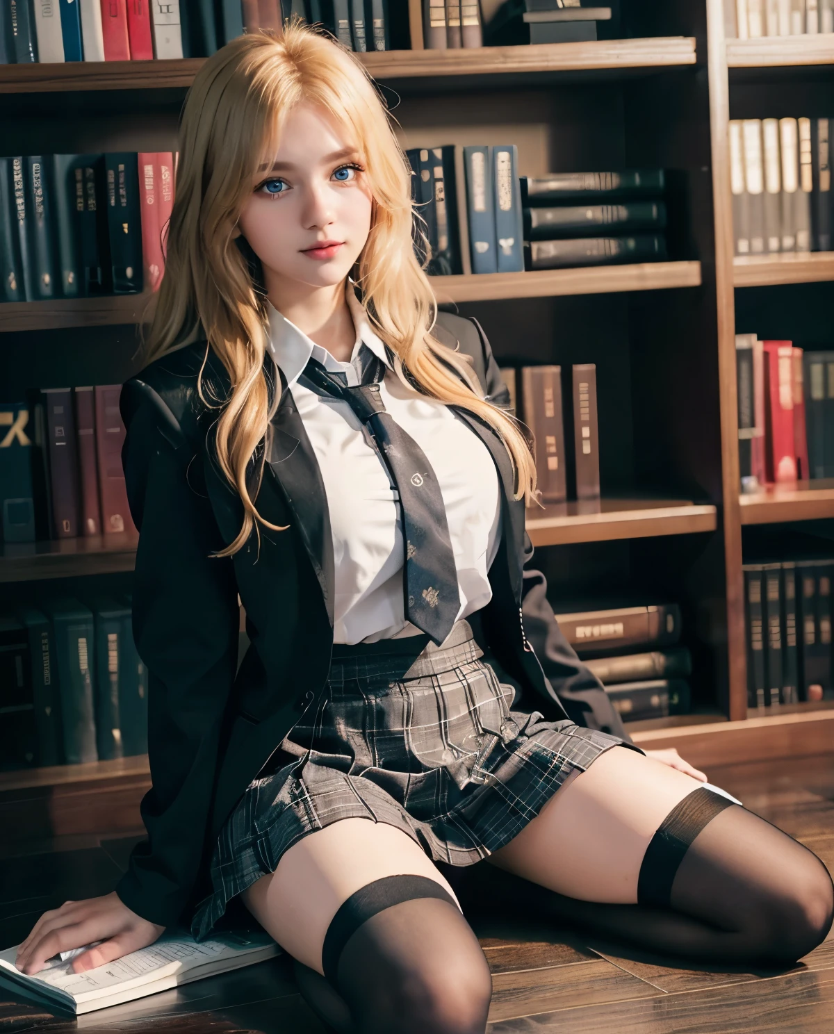 1girl, (Blue Eyes), smiling, (Sana Minatozaki), wide hips, Big , big ass, (Best Quality, 8k, Masterpiece: 1.3), Clear Focus: 1.2, Perfect Body Beauty: 1.4, Highly detailed face and skin texture, detailed eyes, double eyelids, (blonde long hair), (japanese school uniform), (Blazer uniform brown), (school shirt), (plaid skirt), (tie black), (thigh high cover stockings), in the hallways of a library, shelves with books, sitting on the floor on her legs, surrounded by books