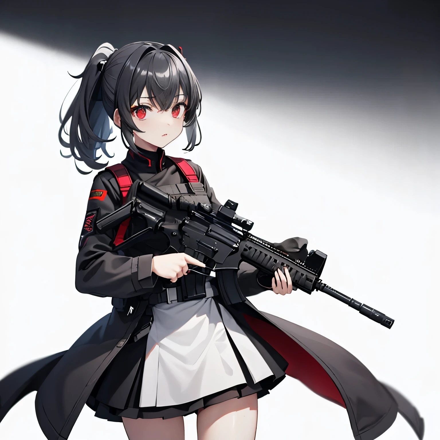 (table top:1.2, highest quality),  [1 girl, expressive, oversized red coat, black hair, Low ponytail, red eyes, body harness,black military uniform, black skirt, Take off your jacket, ] (Gray white background:1.5),  (have a weapon, Figure holding a rifle, aim, aim:1.2), gun, H&K HK416, カービンgun, open fire,