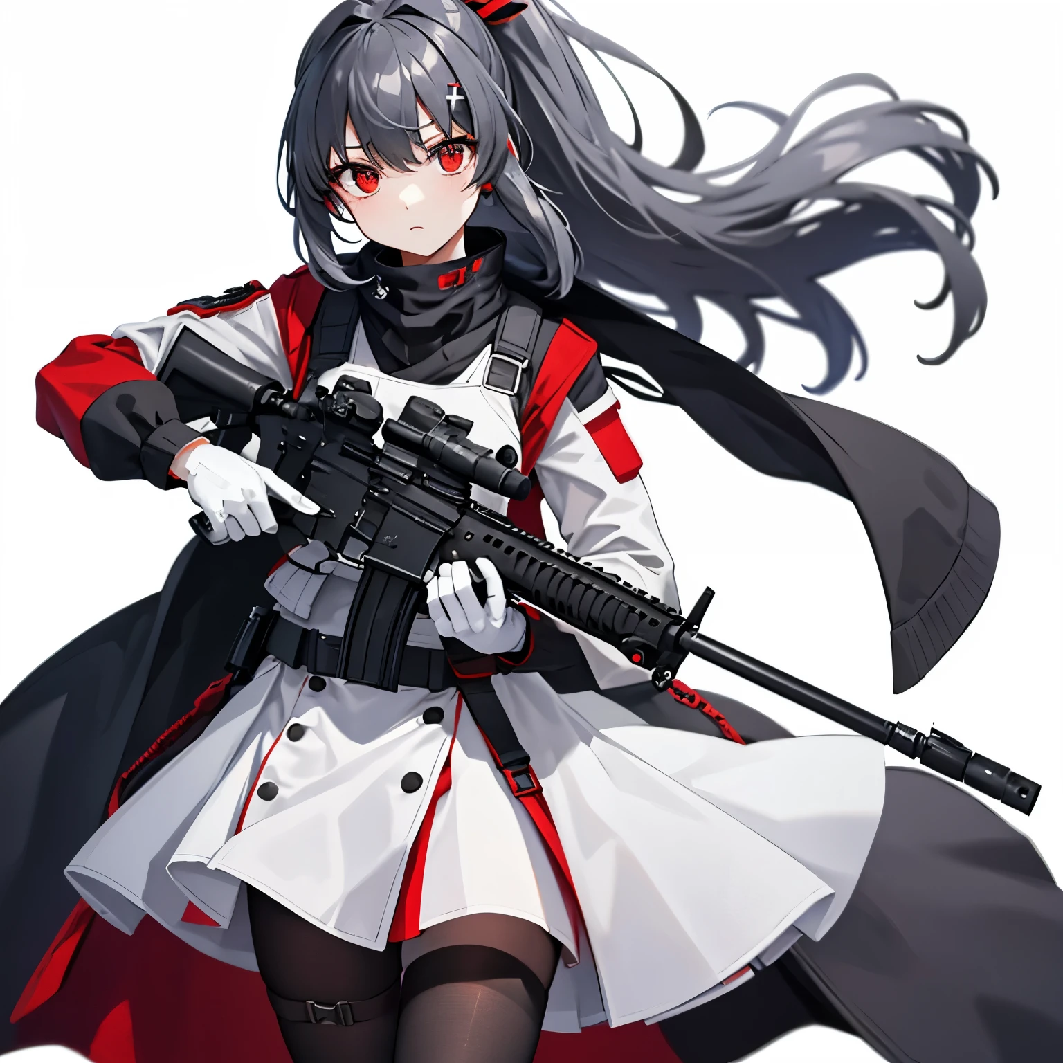 (table top:1.2, highest quality),  [1 girl, expressive, oversized red coat, black hair, Low ponytail, red eyes, body harness,black military uniform, black skirt, Take off your jacket, ] (Gray white background:1.5),  (have a weapon, Figure holding a rifle, aim, aim:1.2), gun, H&K HK416, カービンgun, open fire,