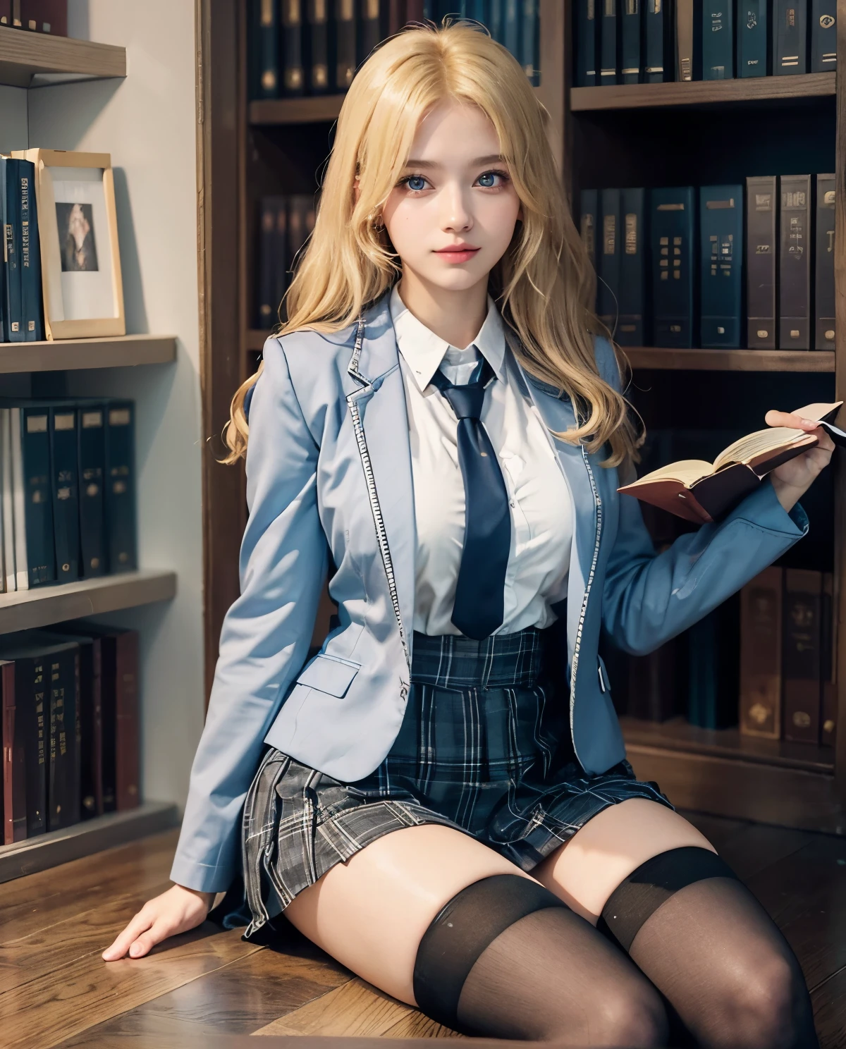 1girl, (Blue Eyes), smiling, (Sana Minatozaki), wide hips, Big , big ass, (Best Quality, 8k, Masterpiece: 1.3), Clear Focus: 1.2, Perfect Body Beauty: 1.4, Highly detailed face and skin texture, detailed eyes, double eyelids, (blonde long hair), (japanese school uniform), (Blazer uniform brown), (school shirt), (plaid skirt), (tie black), (thigh high cover stockings), in the hallways of a library, shelves with books, sitting on the floor on her legs, surrounded by books