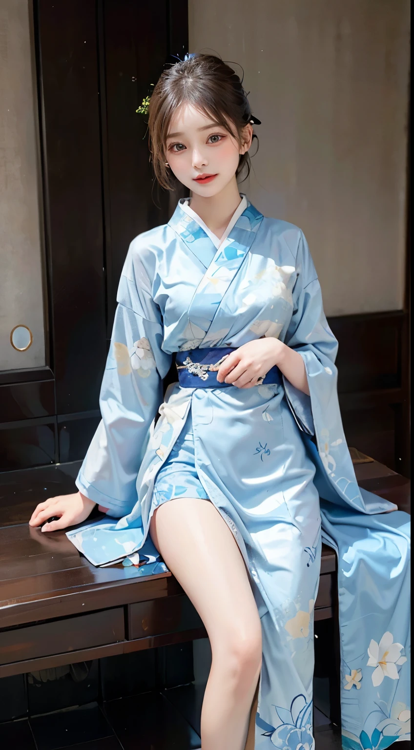 Within a tranquil ambiance, a woman emanates grace in the timeless allure of a modest blue kimono. The serene blue fabric, adorned with subtle patterns, gracefully envelops her figure, ensuring no exposure. The obi delicately cinches her waist, adding a refined touch to the traditional ensemble. In this fully-covered attire, she exudes an air of tranquility, capturing the enduring beauty of a woman in a modest and elegant blue kimono.