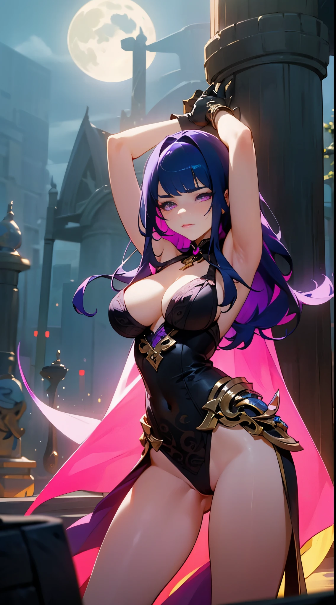 (ultra realistic photo, 8k uhd, full of details in clothes and face, masterpiece, girl goddess of beauty). Shogun Raider from Genshin Impact is a sexy woman with long, flowing purple hair, who wears a highly detailed sexy lingerie, she wears a jewel on the side of her head adorned with gold details and a gem in the center. - She wears a purple and pink outfit with gold details, with ornate designs in gold. The upper part of the armor is tight to the body, highlighting its curves. (she has long breasts, huge and perfect breasts emerging from her sexy, erotic cleavage, sharp pointed BREASTS), ((transparent micro panties showing pussy, perfect pussy)), defined body, body with curves, big perky ass, pussy showing, His arms are covered in armored gloves that have similar designs in gold and are attached to his upper arm by straps. - A piece of cloth flows from his waist, complementing the armor look. - Her face is very beautiful, she has light pink eyes and a serious expression. - In the background, there is a dramatic sky full of dark clouds and lightning lighting the scene. A full moon is also visible between the clouds.