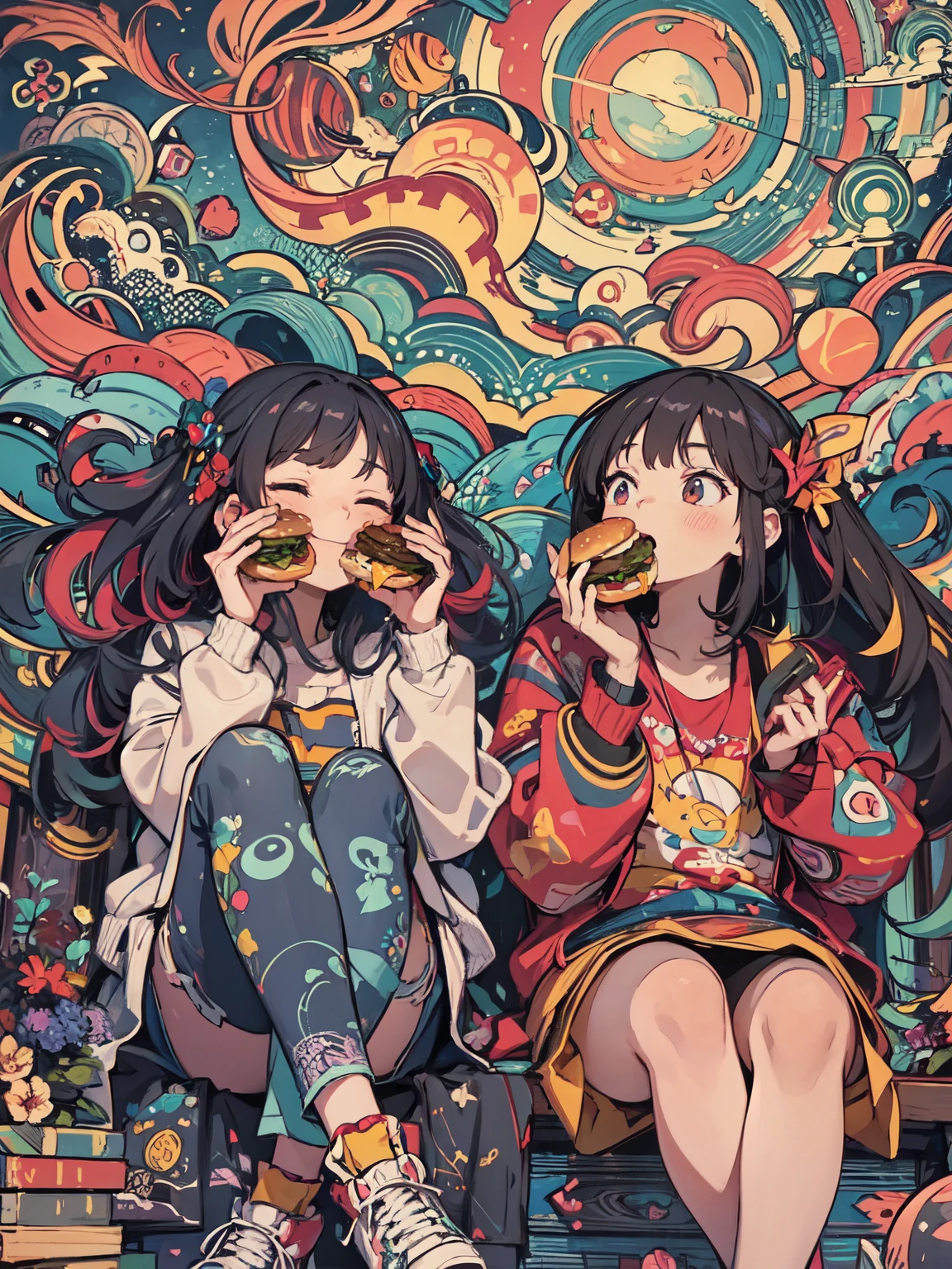 High-quality digital art with a whimsical and psychedelic art style, abundant in bright colors and swirling patterns BREAK A frontal, seated perspective capturing both characters in a relaxed, cross-legged position BREAK Two characters enjoying burgers, one with eyes closed savoring the taste, and the other with a delighted expression, both dressed in casual, colorful attire BREAK An imaginative, abstract background that seems to represent a vibrant dreamscape, with floating celestial bodies, swirling patterns, and a dynamic array of shapes and hues.