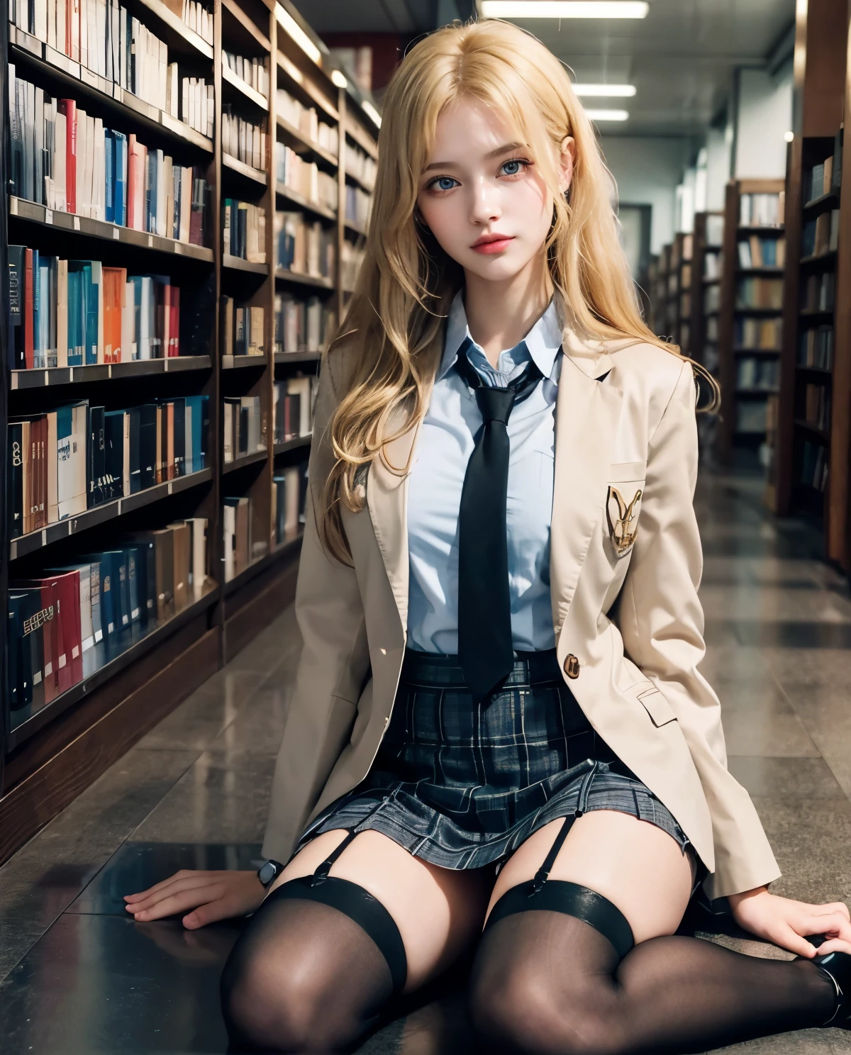 1girl, (Blue Eyes), smiling, (Sana Minatozaki), wide hips, Big , big ass, (Best Quality, 8k, Masterpiece: 1.3), Clear Focus: 1.2, Perfect Body Beauty: 1.4, Highly detailed face and skin texture, detailed eyes, double eyelids, (blonde long hair), (japanese school uniform), (Blazer uniform brown), (school shirt), (plaid skirt), (tie black), (thigh high cover stockings), in the hallways of a library, shelves with books, sitting on the floor on her legs, surrounded by books