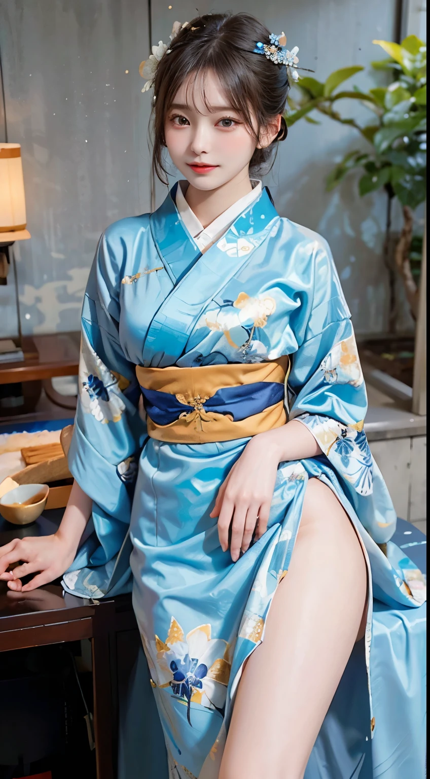 Within a tranquil ambiance, a woman emanates grace in the timeless allure of a modest blue kimono. The serene blue fabric, adorned with subtle patterns, gracefully envelops her figure, ensuring no exposure. The obi delicately cinches her waist, adding a refined touch to the traditional ensemble. In this fully-covered attire, she exudes an air of tranquility, capturing the enduring beauty of a woman in a modest and elegant blue kimono.