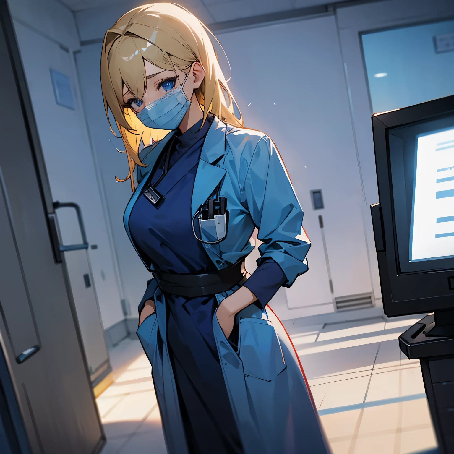 1female , Doctors Robe , Blue Scrubs , Blue Mask , Blonde Hair , Blue Eyes , Curvy , Standing in hospital , Doctor 