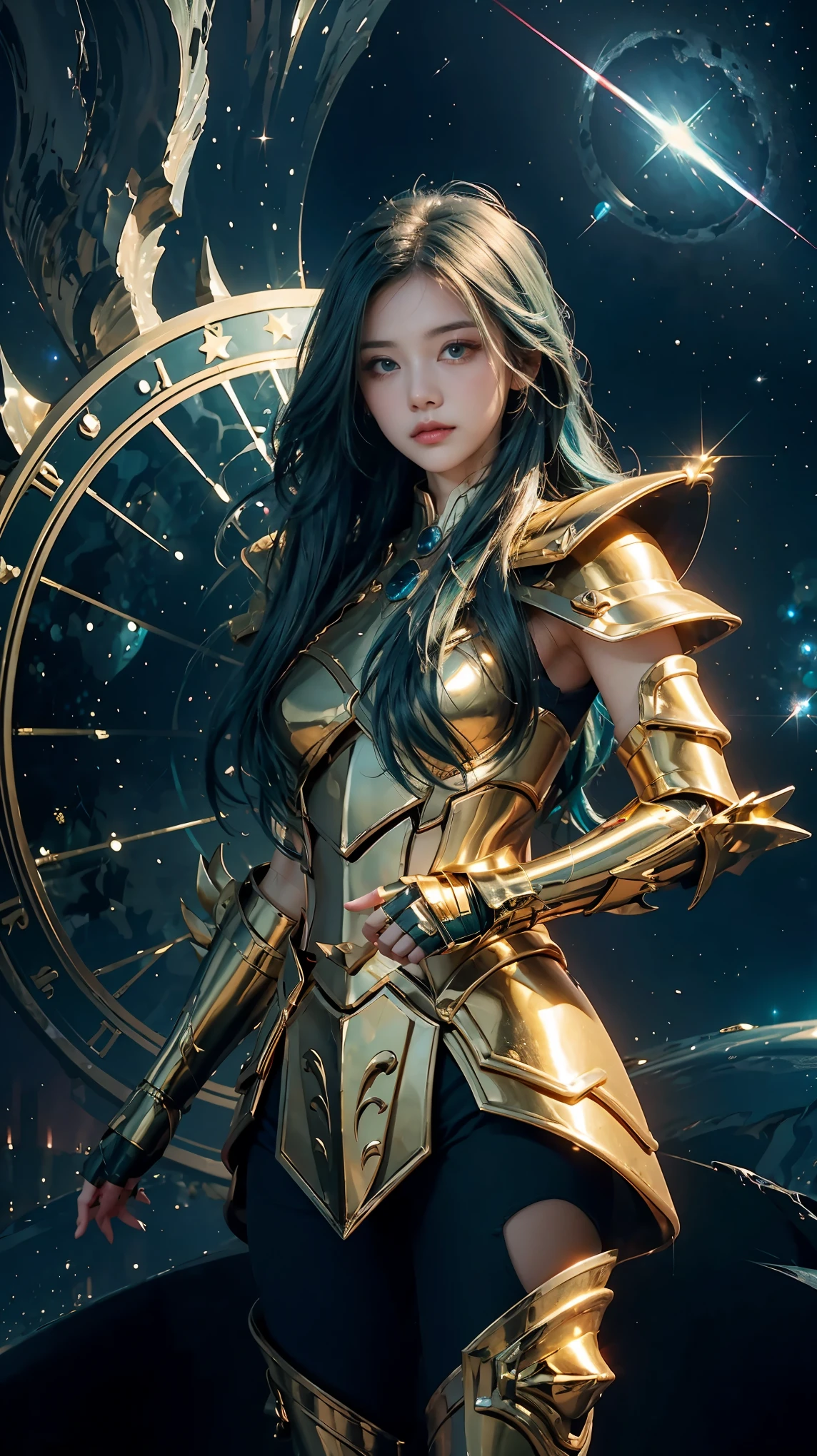 realistically， masterpiece， best quality， high resolution, 1 girl， is a perfect face，  Transparent vinyl that adheres to skin， Very long blue hair， green eyes， pale skin， Pisces， 金色armor与白色部件， armor， line art， low pitch， sharp focus， Octane renderer，(starry sky background，)Standing on the gorgeous magic circle，exposed乳沟，exposed肚子，exposed大腿，exposed