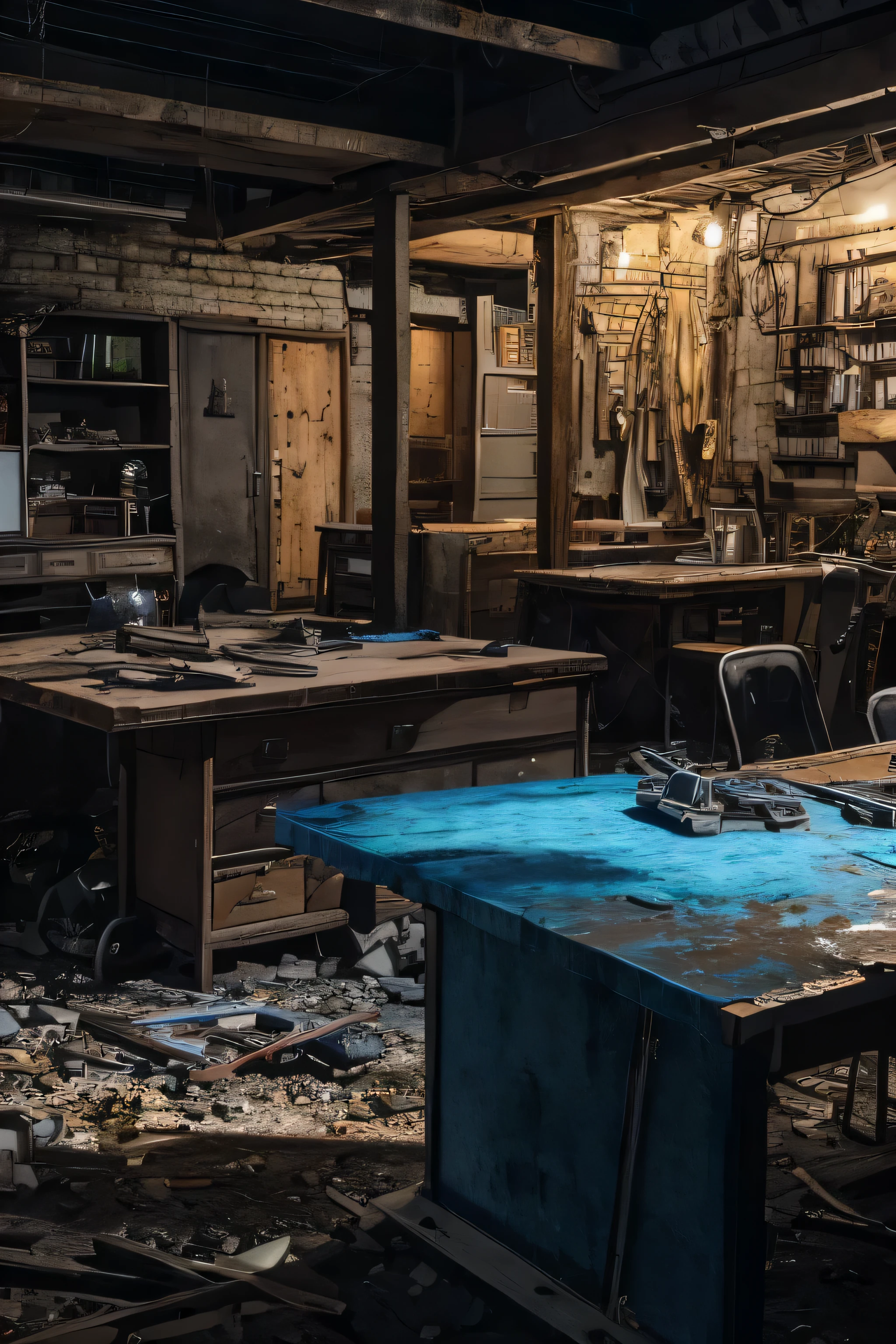 close-up of a tool cabinet stuffed with tools on a dark night in a destroyed room, bancada em uma floresta densa na noite, bancada em um local destruido, cenario abandonado noturno, Ferramentas, chave inglesaes, Ferramenta, chaves inglesas, sucata em bancadas, tendendo, profissional, oficina colorida de parede branca, limpo e organizado, em uma oficina, high quality product image”, mechanic, projetado profissionalmente, chave inglesa, noite escura sem lua, fundo da oficina