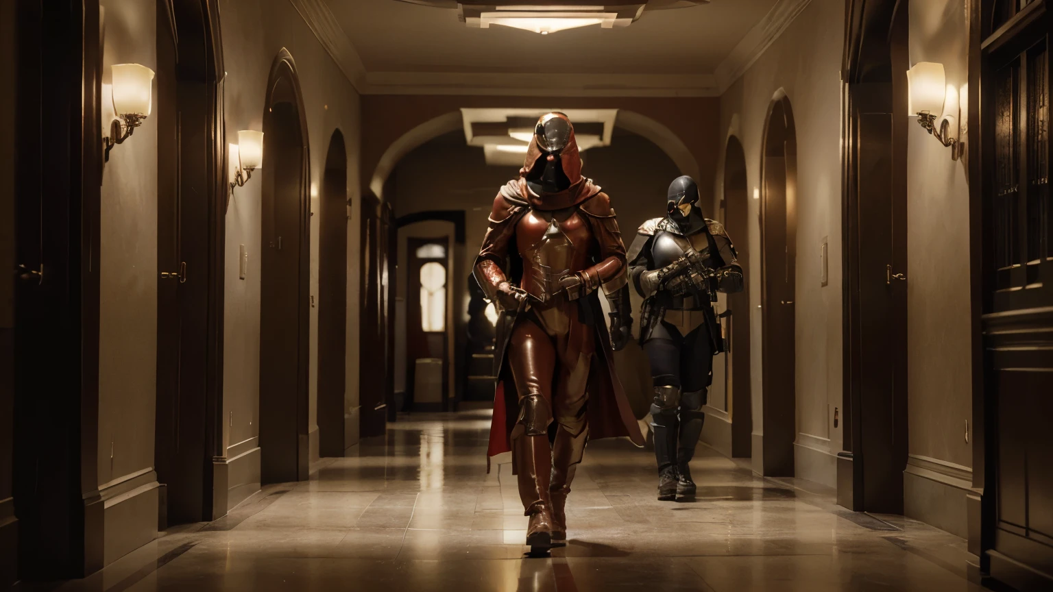 General shot, photorealistic, cinematographic. from a somewhat dark hallway. Some fluorescent lights on the ceiling are useless, turned off. In the middle of the hallway, ((at a distance of 10 meters from the camera, in the center of the hallway)), you see ((a full-length woman)) dressed in a tight red leather suit and black boots. He wears a red cape, a hood, and a ((Venetian mask)) that ((covers his entire face without revealing anything about it)). Air of a heroine, still, standing still, legs open, defiant attitude. She is accompanied by ((two mercenaries with machine guns and normal mercenary attire)), one on each side.