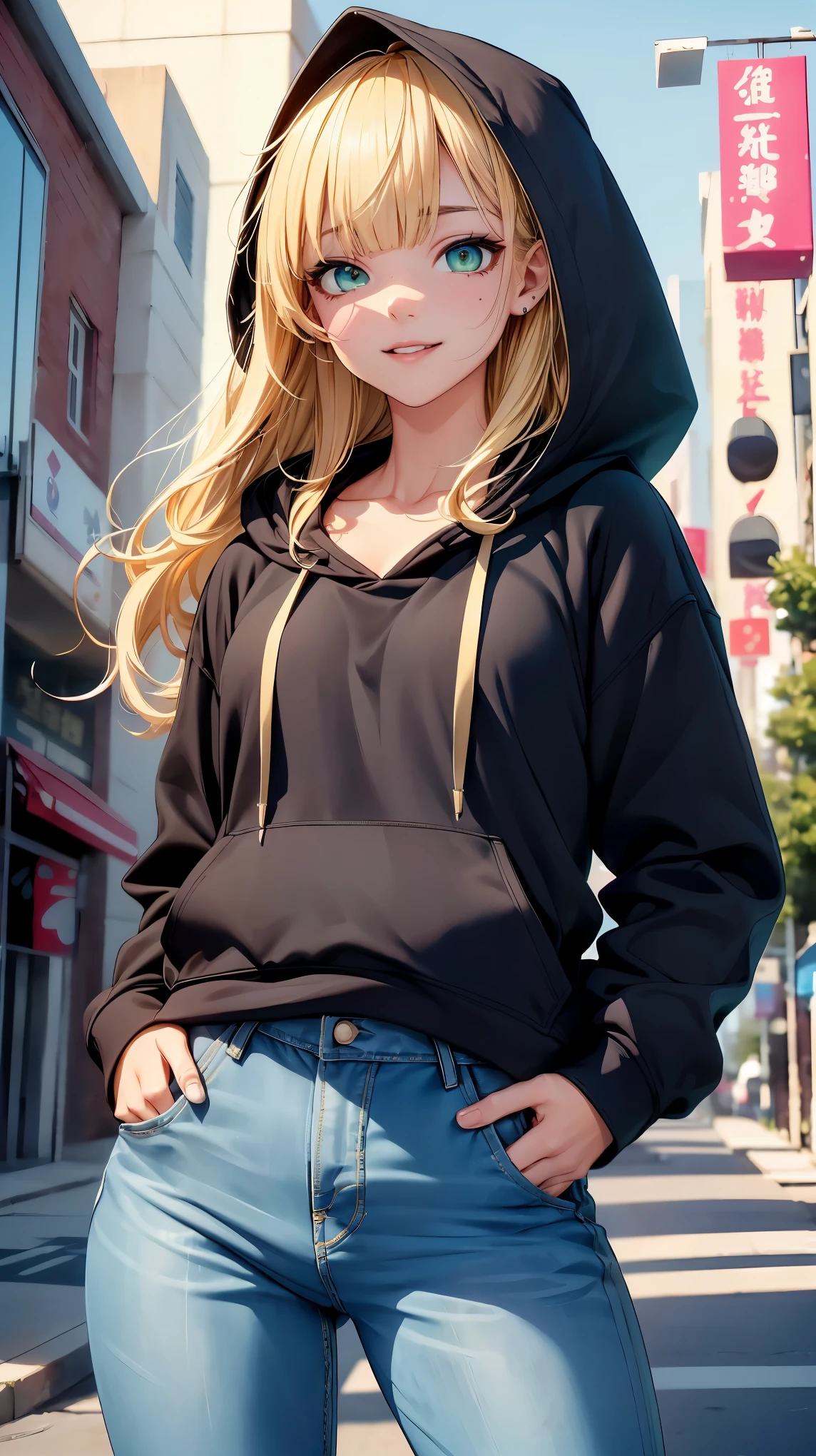 (8K, RAW photo, 最high quality, masterpiece:1.2), High-definition RAW color photo, Professional photo shoot, cinematic light, alone, (((young woman, gal))), (Sharp features), (small face), (high detail skin:1.2), clavicle, cute face, beautiful appearance, long eyelashes, (rainbow hair, greenいeye), beautiful breasts, (slim body shape:1.4), very detailed顔と肌の質感, 詳細なeye, double eyelid, 横eyeで見る, Place your hands behind your body, ((blonde, long bangs on one side, asymmetrical bangs, 片eyeが隠れる, wavy hair)), slender body, ((open your mouth and smile:1.2, 上eye遣い)), big breasts, normal hip joint, green_eye, cowboy shot, composition from above, (((hoodie:1.5, denim pants, Seductive thighs))), downtown at night, 見つめるeye, beautiful skin, shiny skin, perfect fingers, five fingers, anatomically correct, background bokeh, high quality, surreal, bright colors, ((very detailed, photo shoot)),