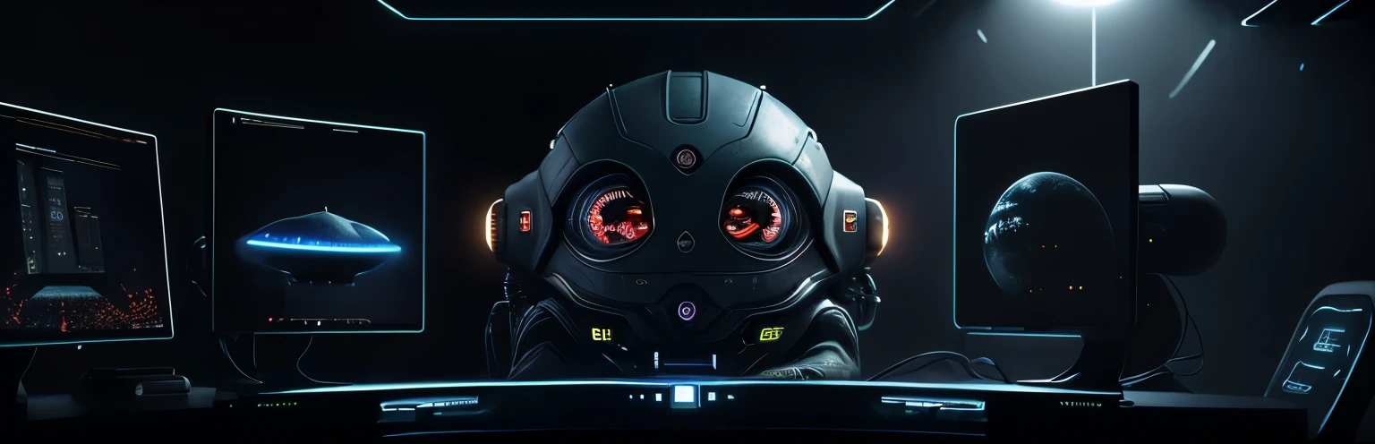 #111111 color background, very dark, ultra real, realistic, realistic alien, round head, big eyes, on spaceship, technology, intelligent, gaming tower PC