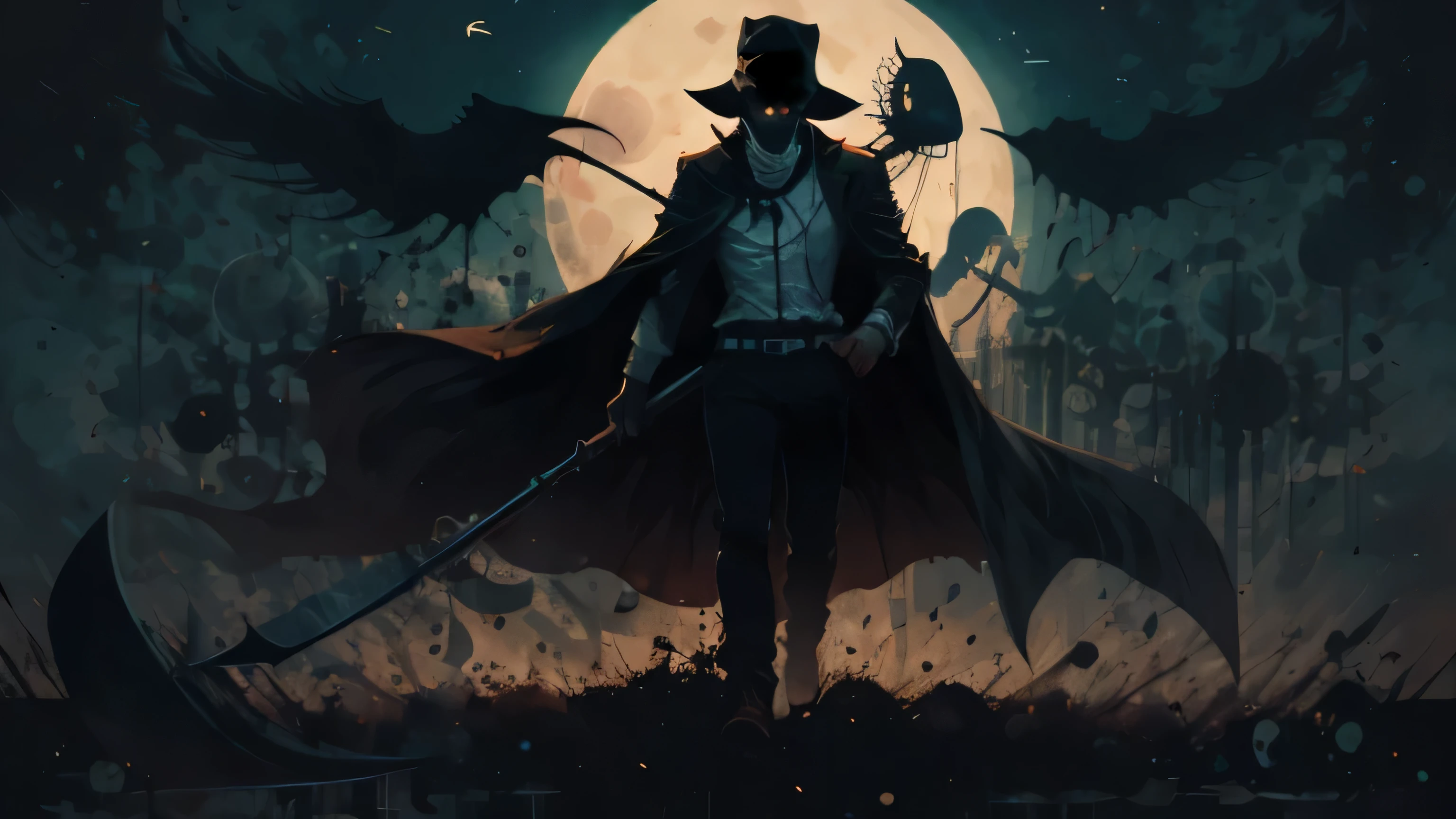 Izuku Midoriya as the grim reaper dressed in plague doctor clothing wielding a scythe in a cemetery under the crimson moonlight in the style of SY3.