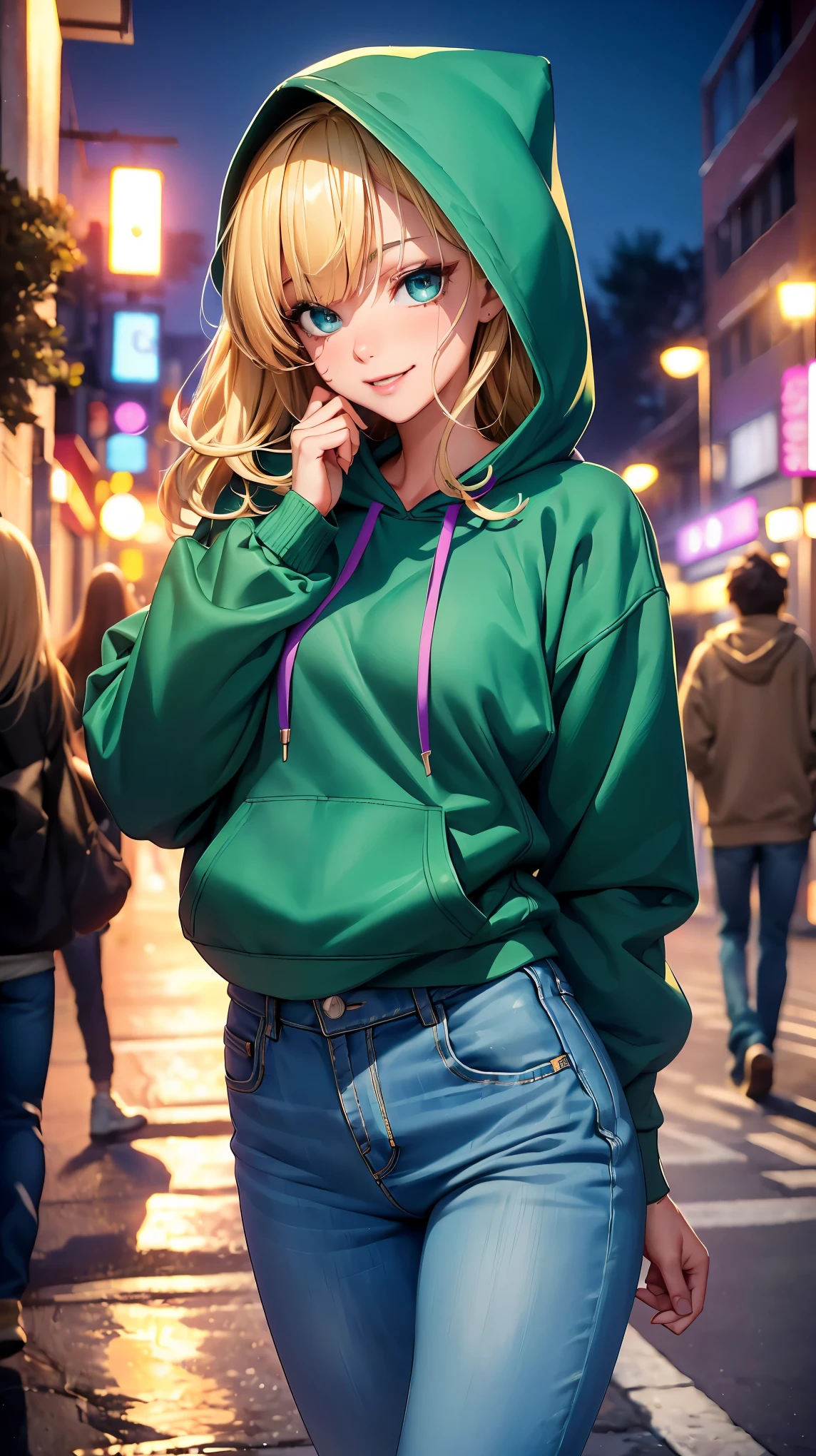 (8K, RAW photo, 最high quality, masterpiece:1.2), High-definition RAW color photo, Professional photo shoot, cinematic light, alone, (((young woman, gal))), (Sharp features), (small face), (high detail skin:1.2), clavicle, cute face, beautiful appearance, long eyelashes, (rainbow hair, greenいeye), beautiful breasts, (slim body shape:1.4), very detailed顔と肌の質感, 詳細なeye, double eyelid, 横eyeで見る, Place your hands behind your body, ((blonde, long bangs on one side, asymmetrical bangs, 片eyeが隠れる, wavy hair)), slender body, ((open your mouth and smile:1.2, 上eye遣い)), big breasts, normal hip joint, green_eye, cowboy shot, composition from above, (((hoodie:1.5, denim pants, Seductive thighs))), downtown at night, 見つめるeye, beautiful skin, shiny skin, perfect fingers, five fingers, anatomically correct, background bokeh, high quality, surreal, bright colors, ((very detailed, photo shoot)),