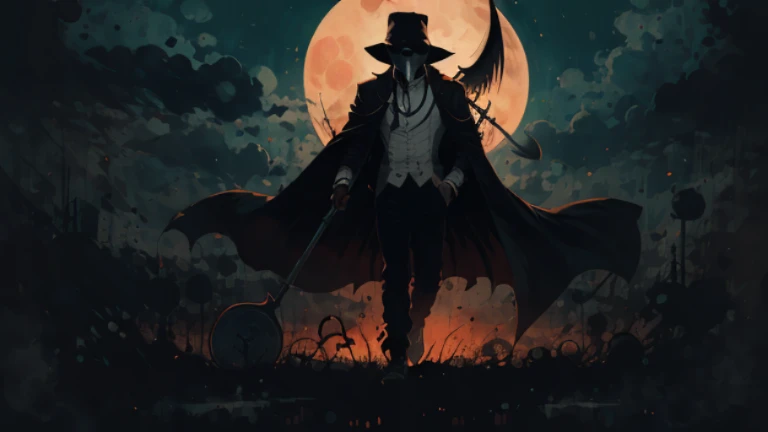 Izuku Midoriya as the shadowy grim reaper dressed in plague doctor clothes wielding a scythe in a graveyard under the crimson moonlight in the style of SY3.