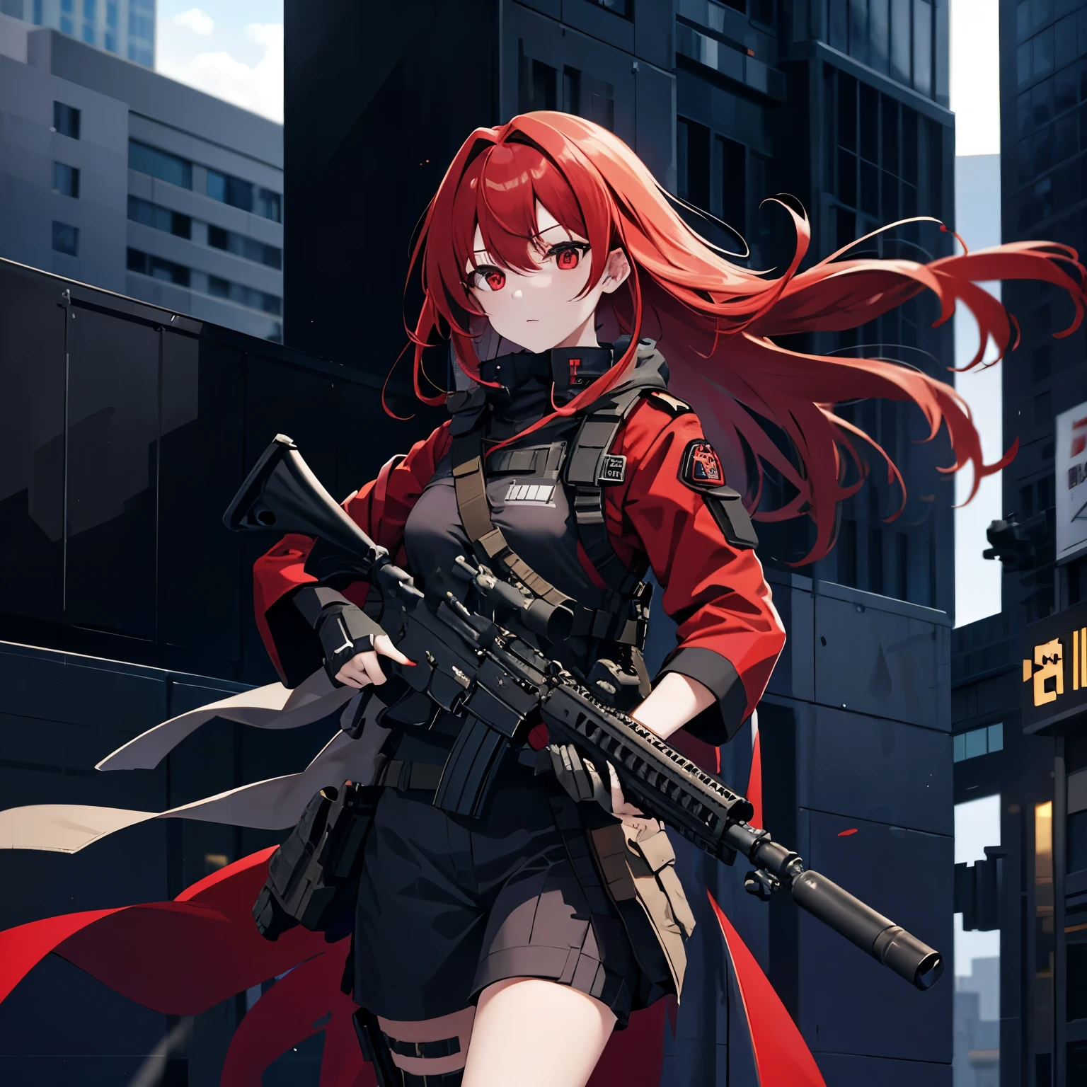 high resolution　high quality　Expressive　Long red hair　Hair tied behind the back　Holding a gun　holding a sniper rifle　sky eyes　red eyes　oversized coat　black military uniform　Aiming at a target from the top of a building