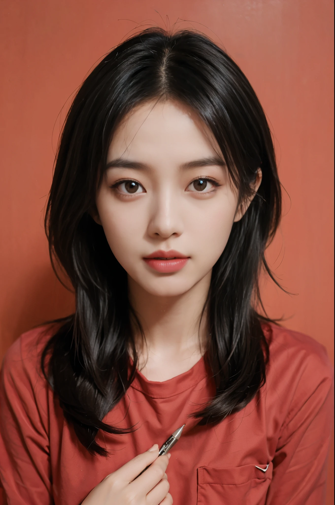 put your hand on your face,Chen Yifei,perfect face,polaroid photo,Delaying Americanism,realistic,masterpiece,very detailed,highest quality,HDR,hyper hd,8K,Professional,person wearing a red shirt，wearing a black shirt on his face，There is a red and black group photo behind the woman on a white background,christabel denison,Professionalモーション画像,character portrait,artistic pictures,delicate hair,skin pores,delicate eyes,clean pores,skin texture,(delicate hair:1.3),(transparent hair:1.3),(sharpen:1.4),(high resolution photos:1.6),