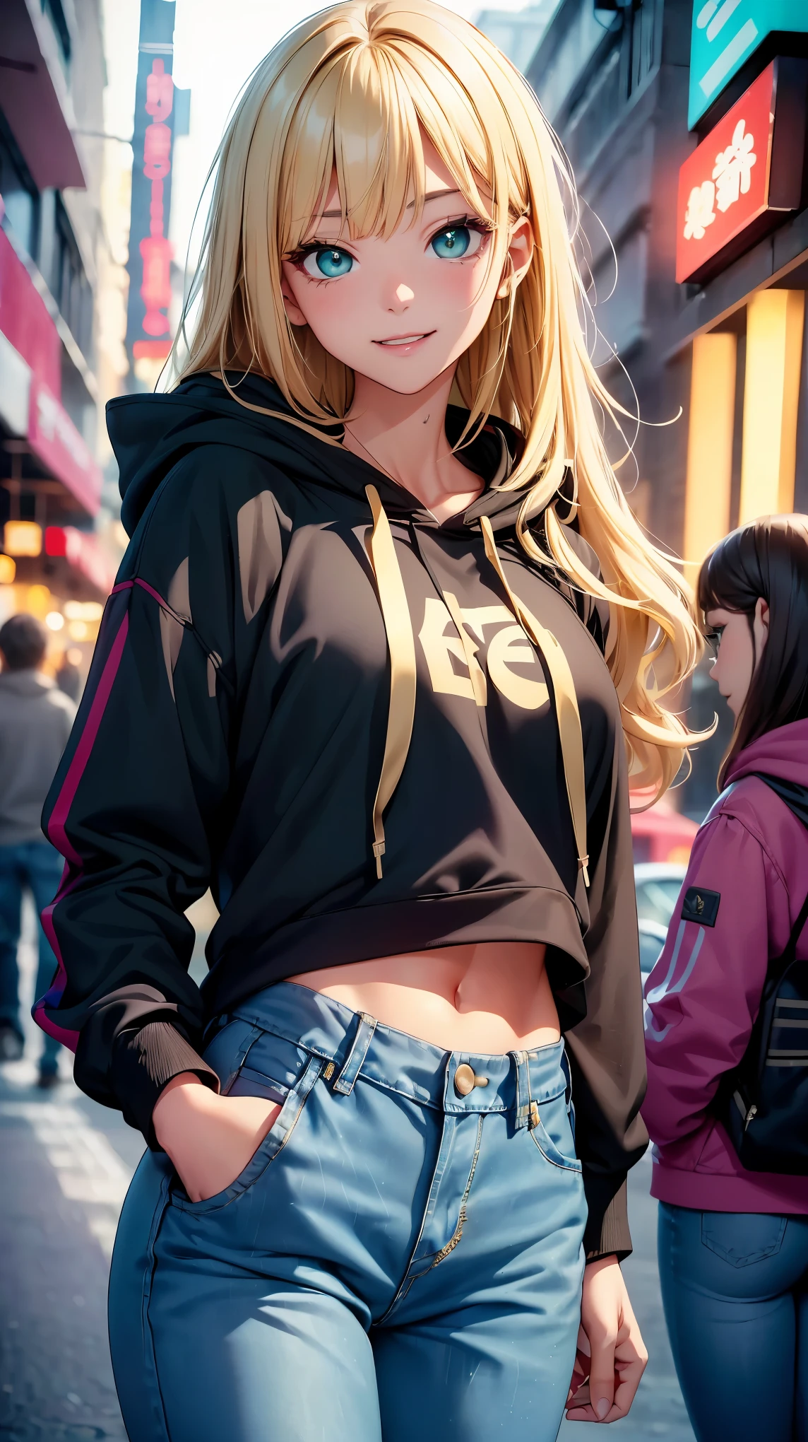 (8K, RAW photo, 最high quality, masterpiece:1.2), High-definition RAW color photo, Professional photo shoot, cinematic light, alone, (((young woman, gal))), (Sharp features), (small face), (high detail skin:1.2), clavicle, cute face, beautiful appearance, long eyelashes, (rainbow hair, greenいeye), beautiful breasts, (slim body shape:1.4), very detailed顔と肌の質感, 詳細なeye, double eyelid, 横eyeで見る, Place your hands behind your body, ((blonde, long bangs on one side, asymmetrical bangs, 片eyeが隠れる, wavy hair)), slender body, ((open your mouth and smile:1.2, 上eye遣い)), big breasts, normal hip joint, green_eye, cowboy shot, composition from above, (((hoodie:1.5, denim pants, Seductive thighs))), downtown at night, 見つめるeye, beautiful skin, shiny skin, perfect fingers, five fingers, anatomically correct, background bokeh, high quality, surreal, bright colors, ((very detailed, photo shoot)),