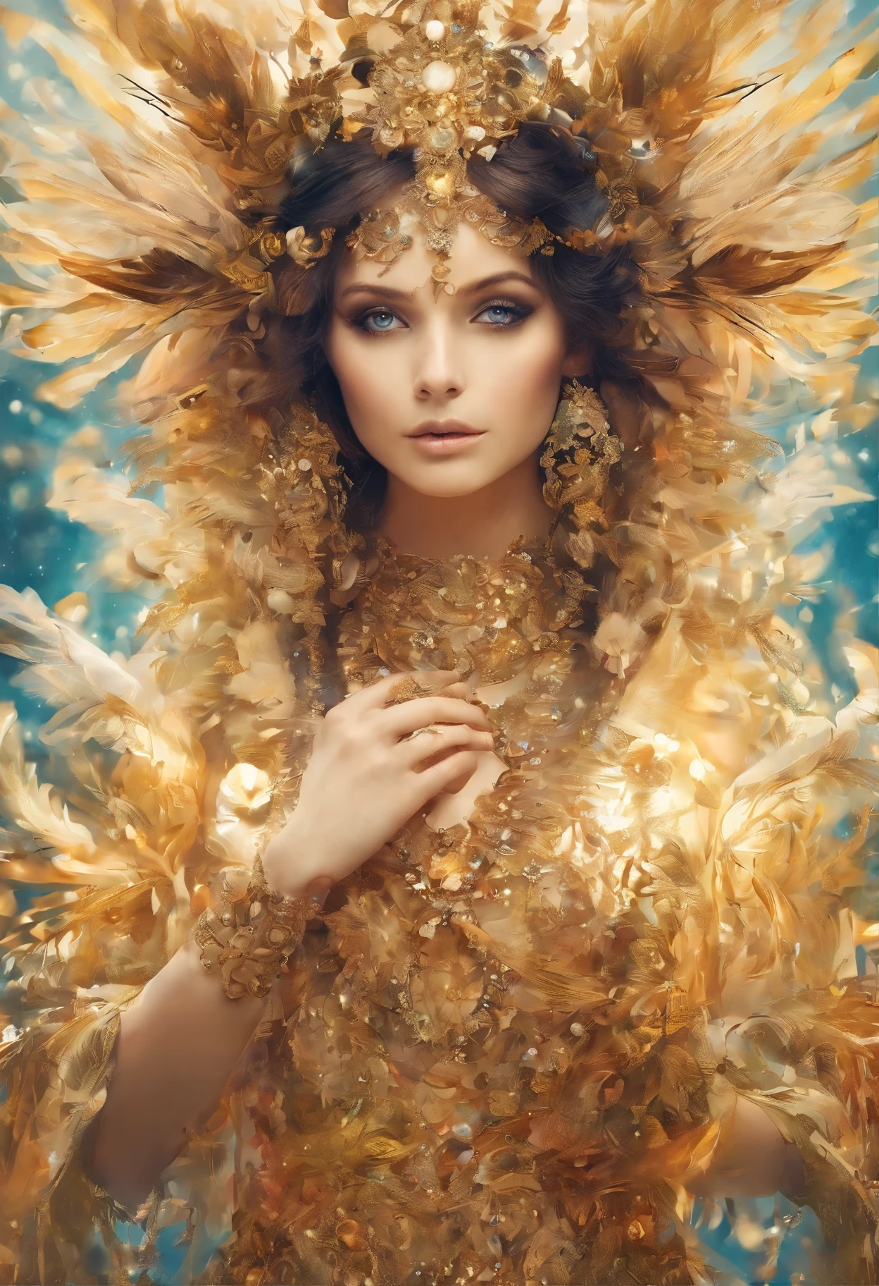 Une centralisation parfaite, Des particules fantastiques, plaisir, La position debout, Beauté abstraite, centre, En regardant la caméra, Face à la caméra, proche de la perfection, dynamique, très détaillé, graines, netteté, 8K, Une haute résolution, photographie, photo, Un arrière-plan aux traits distincts, Fond avec la couleur d'or, tons dorés, Fond de nébuleuse d'encre dorée, Fille de 27 ans, yeux couleur miel, cheveux couleur brune, Longue et belle, Fantastique robe épique, La forme du physique athlétique, extrêmement détaillé, Particules dissipées dorées, déesse mythologique, femme épique, bijoux antiques dorées, magie cosmique, Athena, réalistisque, 3D, guerrière, valkyrie, perles nacrées dans les cheveux, cheveux long bruns aux reflets dorés légèrement bouclés, coiffure et vêtements antiques, yeux noisette, légères taches de rousseurs dissipées, traces de magie, flux de magie, particules de magie cosmique