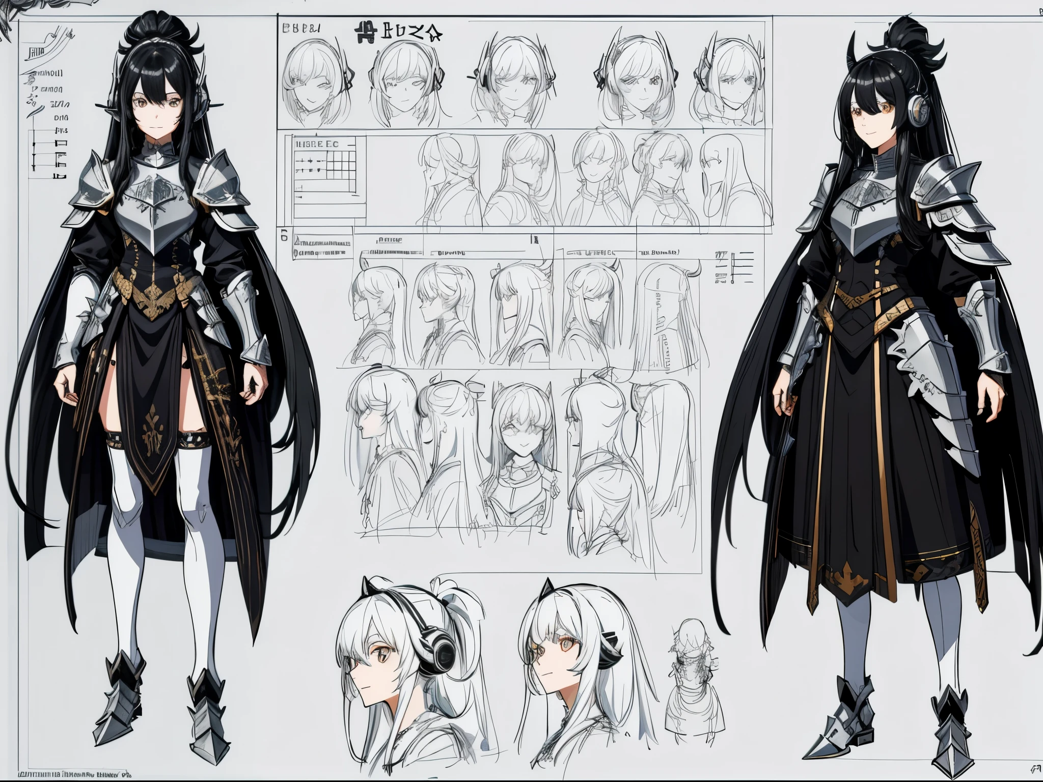 (masterpiece), ultra detailed, 8k, ((A character sheet:1.4)) or reference sketch of a long haired gal girl with sharp teeth and she is a gamer with her headphone and have a horn, ultra realistic and sharp detail and intricate, intricate details, and style, simple background illustration, white flat background,((long black hair)),((long hair)),((armor))