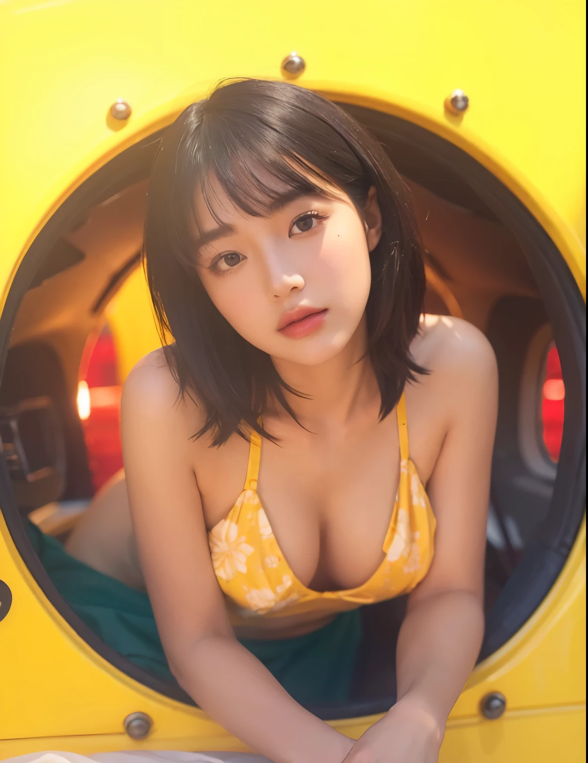 (Best quality, 8k, 32k, Masterpiece, UHD:1.2) "Generate a captivating artwork featuring a young Japanese girl model with short, sleek black hair styled in a chic bob haircut. Envision her bathed in dramatic cinematic lighting, creating an atmosphere of allure and mystery. Emphasize a romantic aesthetic vibe, showcasing the model in a poised and elegant pose that evokes a sense of intimacy and sophistication. Utilize warm and soft tones to enhance the romantic ambiance, and consider incorporating elements like flowing fabrics or flowers to add a touch of ethereal beauty. Capture the essence of romance and beauty through the model's expression, the play of light and shadows, and the overall aesthetic, creating a visually compelling and emotionally resonant piece." water
