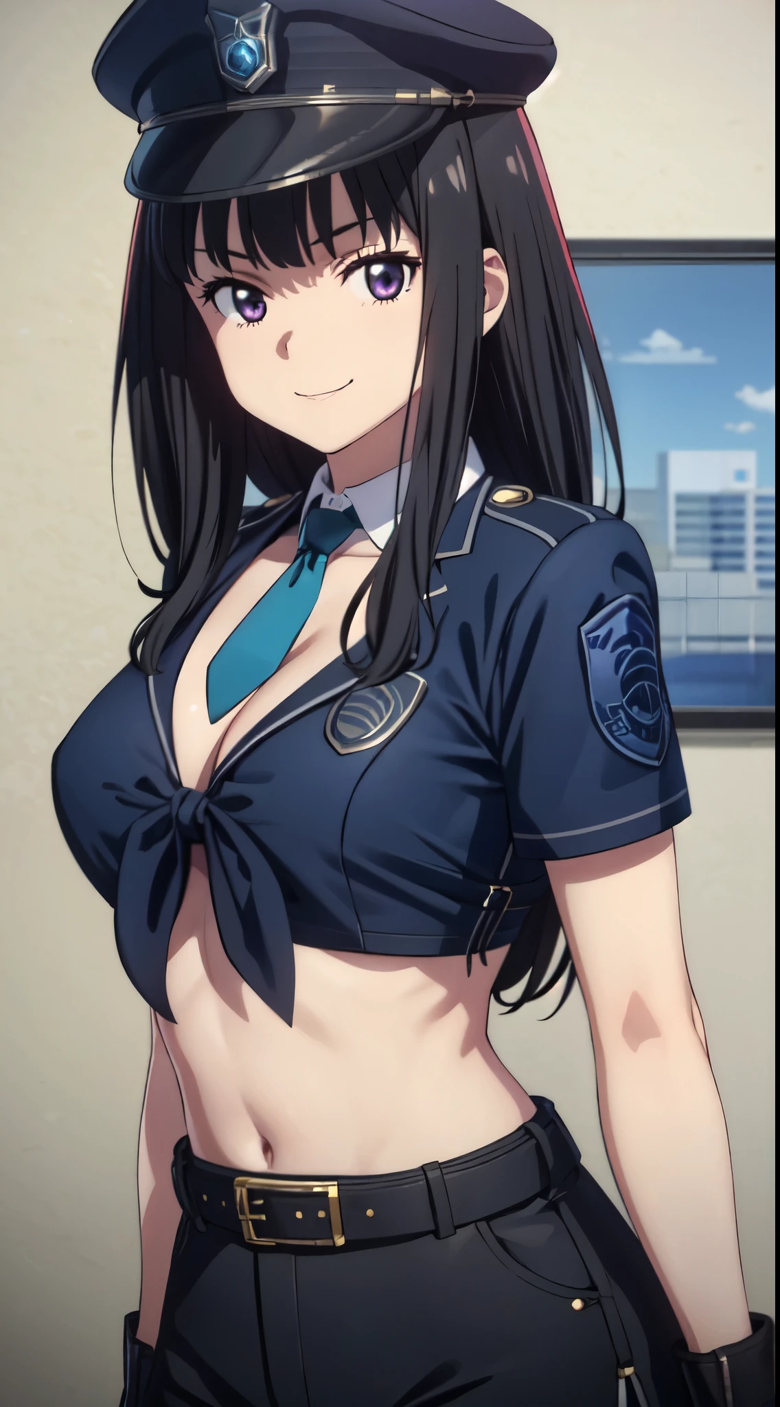 (((pixel perfect, detail perfect))), alone, 1 girl, Chisato Nishikigi, looking at the viewer, smile, Upper body、black police peaked cap, Police, cleavage, Midriffs, white shirt, front-tie top, purple eyes, long hair, Black High-waist shorts, (blue belt:1.2), black fingerless gloves, black boots,emerald tie,medium beasts,