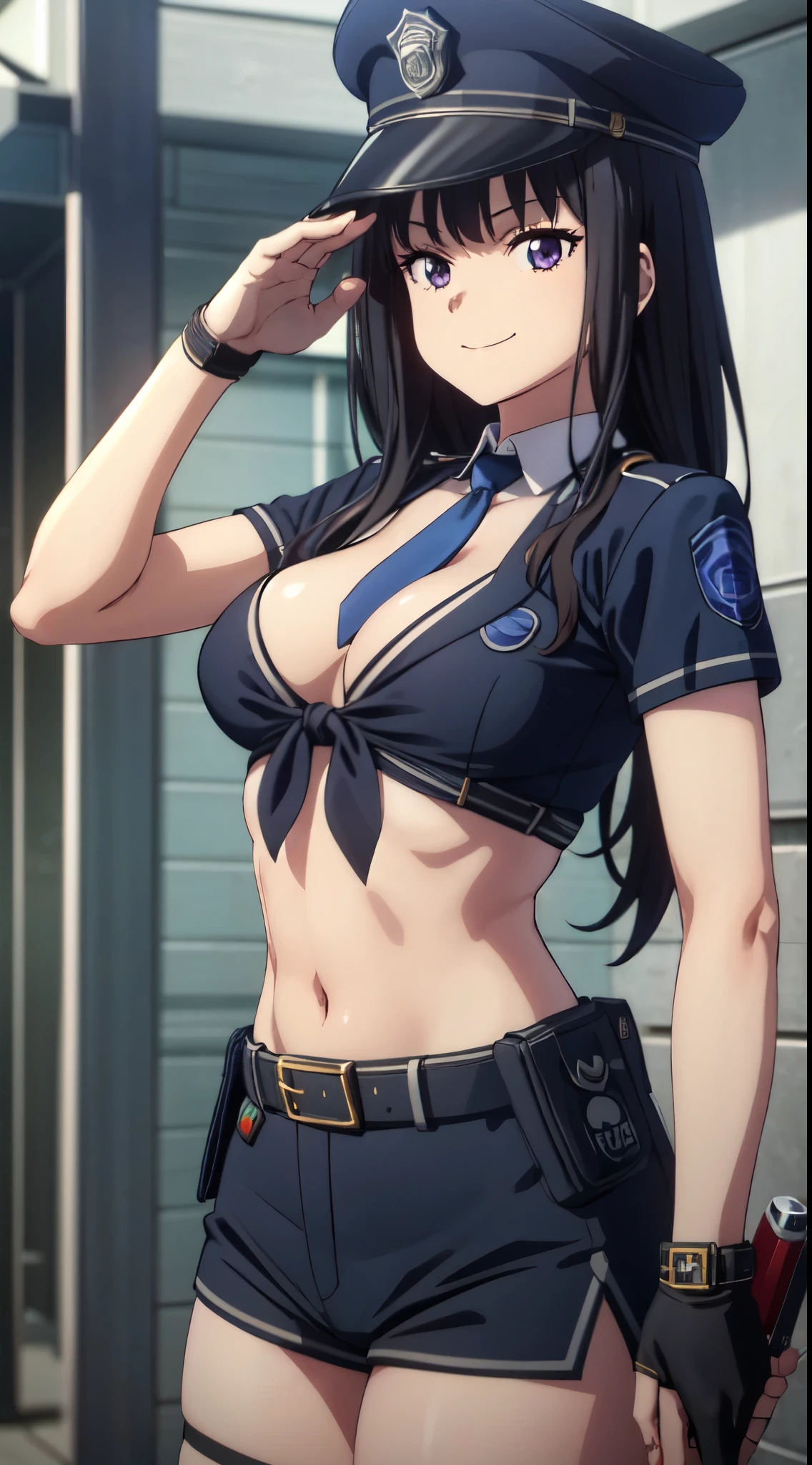 (((pixel perfect, detail perfect))), alone, 1 girl, Chisato Nishikigi, looking at the viewer, smile, Upper body、black police peaked cap, Police, cleavage, Midriffs, white shirt, front-tie top, purple eyes, long hair, Black High-waist shorts, (blue belt:1.2), black fingerless gloves, black boots,emerald tie,medium beasts,gun pose