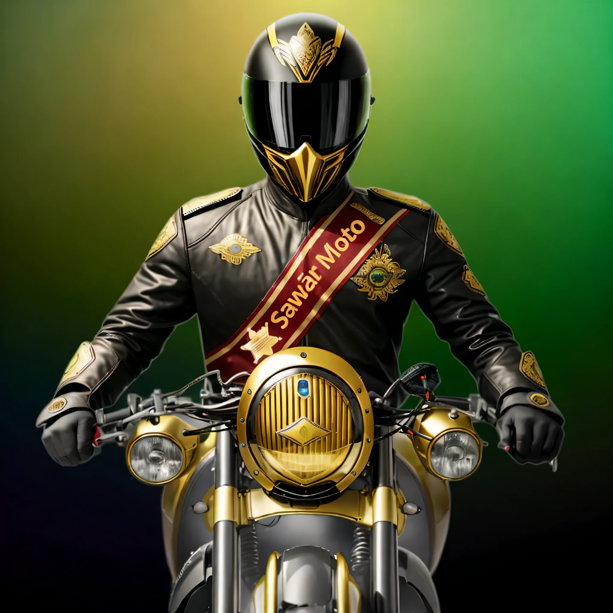 Nome da Marca: Sawar Moto Estilo: Classic, sofisticado
Cores: portanto, dourado, vermelho
Elementos:
Uma motocicleta de alta performance, Vista frontal, com um design imponente e detalhado, standing out for its elegance and quality.
Headlights must be designed with exquisite details, conveying a sense of power and sophistication.
The levers on the sides of the motorcycle must be designed with elegance and quality, adding a touch of sophistication to the design.
Uma faixa ou banner abaixo da motocicleta com o nome "Sawar Moto" escrito de forma estilizada e sofisticada, transmitindo a identidade da marca.
Logo features:
Simples e diretos: Usually consist of one or two graphic elements, making them easy to remember and recognize, mesmo em pequenas telas.
Utilizam cores fortes e contrastantes: This helps to grab attention and make them more memorable.
Convey a feeling of speed, power and emotion: Isso reflete o apelo do motociclismo, frequentemente associado a esses valores.
Fundo: verde, para se adaptar ao uso do Chroma Key, como mencionado acima.