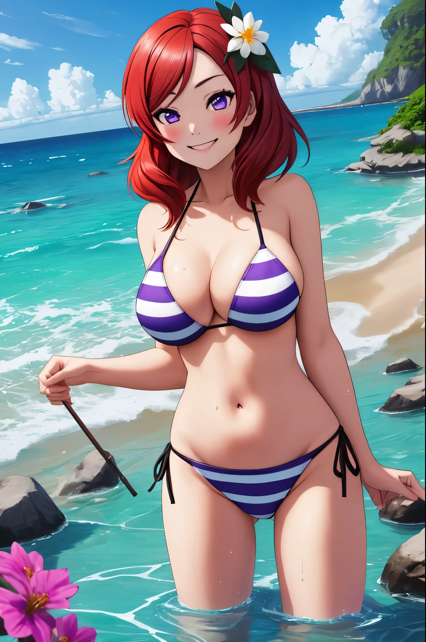 masterpiece, best quality,8k wallpaper,nishikino maki,1girl, solo, breasts, looking_at_viewer, blush, smile, large_breasts, hair_ornament, navel, cleavage, purple_eyes, collarbone, flower, bikini, red_hair, cowboy_shot, outdoors, striped, black strips,hair_flower, water, groin, ocean, white_bikini, beach, white_flower, striped_bikini
