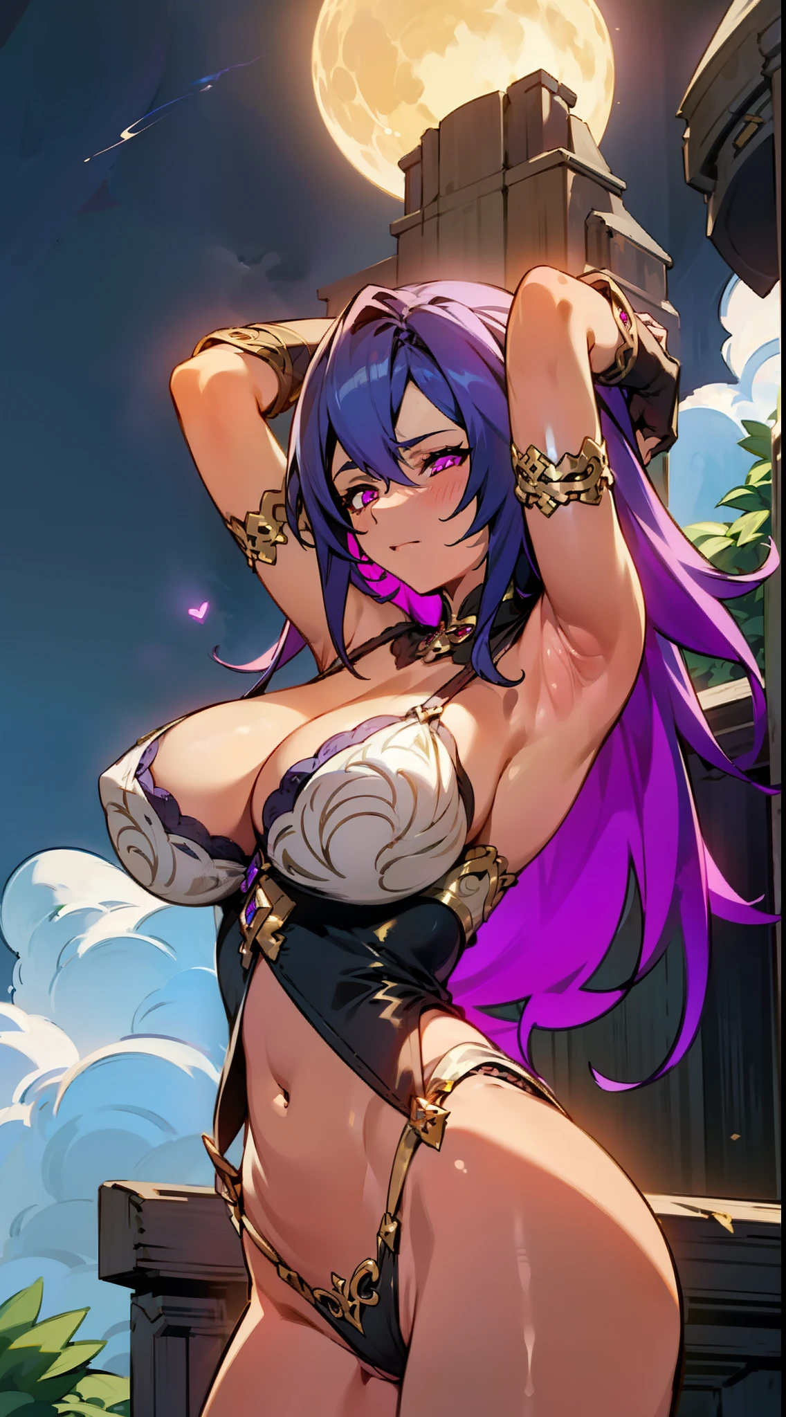 (ultra realistic photo, 8k uhd, full of details in clothes and face, masterpiece, girl goddess of beauty). Shogun Raider from Genshin Impact is a sexy woman with long, flowing purple hair, who wears a highly detailed sexy lingerie, she wears a jewel on the side of her head adorned with gold details and a gem in the center. - She wears a purple and pink outfit with gold details, with ornate designs in gold. The upper part of the armor is tight to the body, highlighting its curves. (she has long breasts, huge and perfect breasts emerging from her sexy, erotic cleavage, sharp pointed BREASTS), ((transparent micro panties showing pussy, perfect pussy)), defined body, body with curves, big perky ass, pussy showing, His arms are covered in armored gloves that have similar designs in gold and are attached to his upper arm by straps. - A piece of cloth flows from his waist, complementing the armor look. - Her face is very beautiful, she has light pink eyes and a serious expression. - In the background, there is a dramatic sky full of dark clouds and lightning lighting the scene. A full moon is also visible between the clouds.