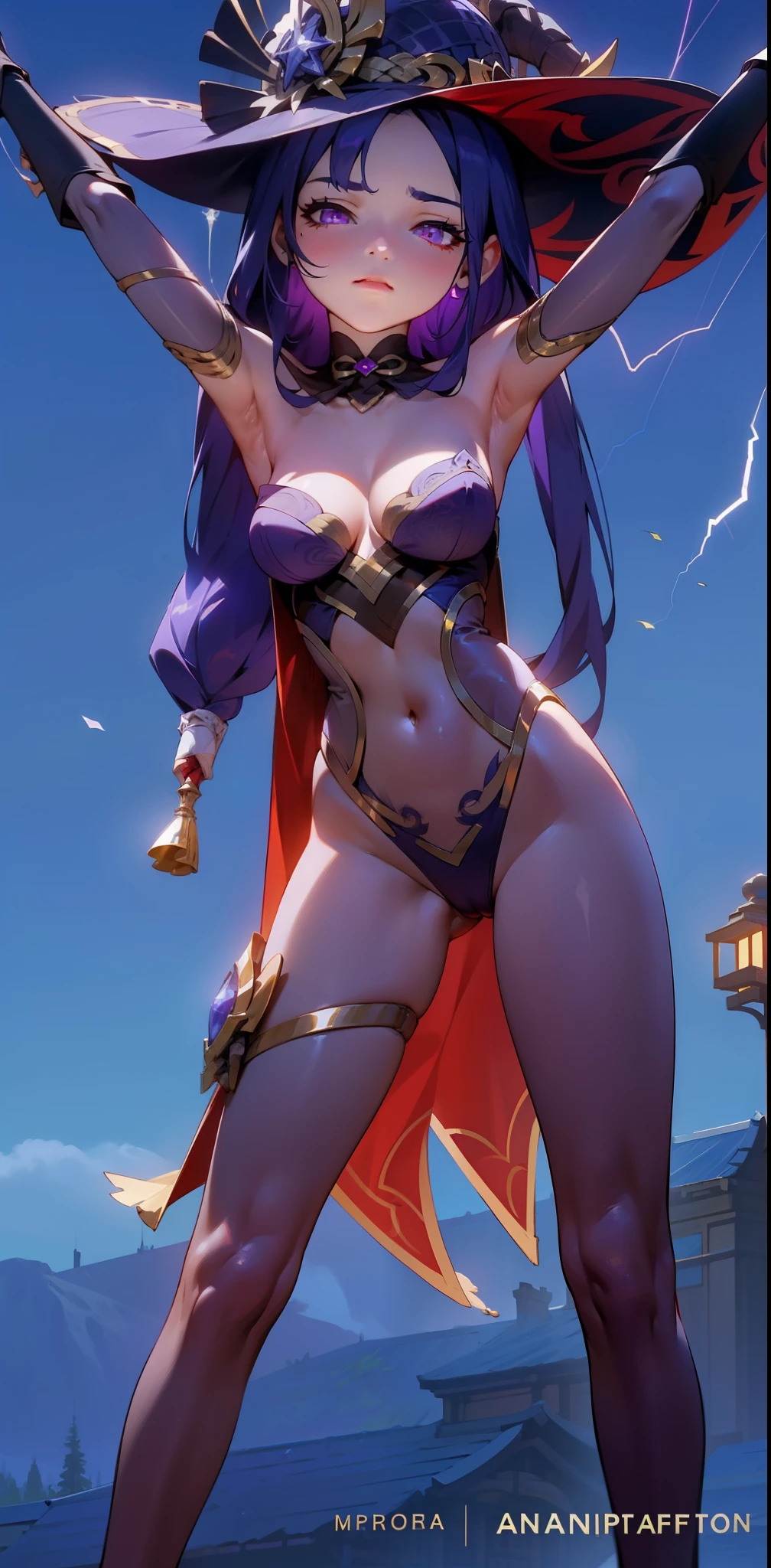 (ultra realistic photo, 8k uhd, full of details in clothes and face, masterpiece, girl goddess of beauty). Shogun Raider from Genshin Impact is a sexy woman with long, flowing purple hair, who wears a highly detailed sexy lingerie, she wears a jewel on the side of her head adorned with gold details and a gem in the center. - She wears a purple and pink outfit with gold details, with ornate designs in gold. The upper part of the armor is tight to the body, highlighting its curves. (she has long breasts, huge and perfect breasts emerging from her sexy, erotic cleavage, sharp pointed BREASTS), ((transparent micro panties showing pussy, perfect pussy)), defined body, body with curves, big perky ass, pussy showing, His arms are covered in armored gloves that have similar designs in gold and are attached to his upper arm by straps. - A piece of cloth flows from his waist, complementing the armor look. - Her face is very beautiful, she has light pink eyes and a serious expression. - In the background, there is a dramatic sky full of dark clouds and lightning lighting the scene. A full moon is also visible between the clouds.