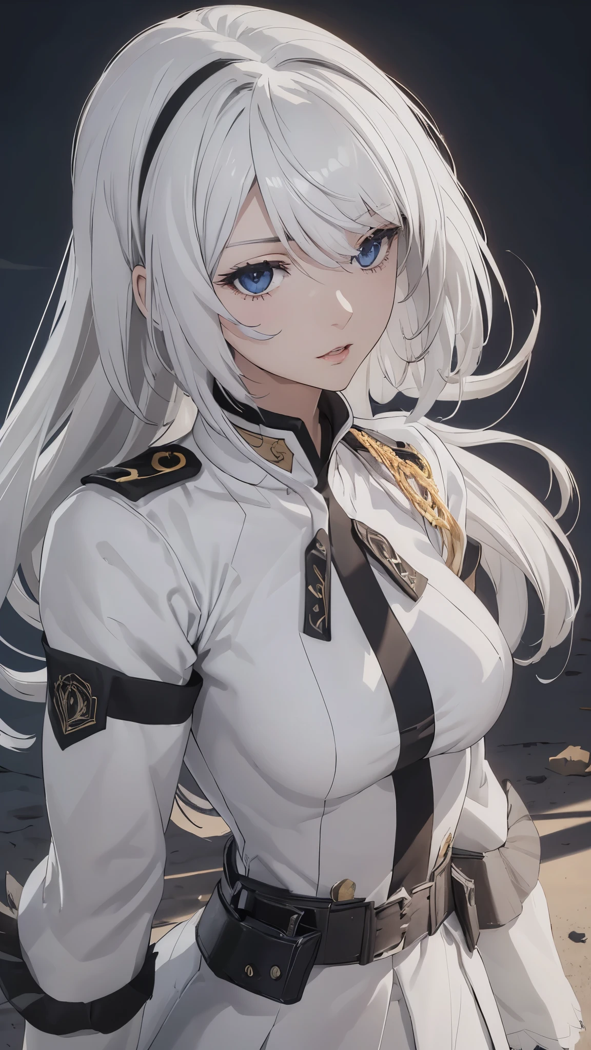 (extremely detailed CG unity 8k wallpaper), (masterpiece), (best quality), (ultra-detailed), (best illustration), (best shadow), (absurdres), 2b, 1girl, long hair, normal size , white hair, Intimidating women, admiral uniform, night, hero pose, white clothes, General Uniform, Military Uniform, Sunlight, exposed to sunlight,commander, cape, fighting, ((beautiful fantasy girl)), (Master Part: 1.2), Best Quality, High Resolution, photorealestic, photogenic, Unity 8k壁纸, perfect lighting, (perfect arms, perfect anatomy) beatiful face, intricate details, Detalhes realistas, the anime, The Perfect Girl, perfect details, Ultra HD |, 8K, Professional photo(extremely detailed CG unity 8k wallpaper), (masterpiece), (best quality), (ultra-detailed), (best illustration), (best shadow), (absurdres), 2b, 1girl, long hair, normal size , white hair, admiral uniform, night, hero pose, white clothes, General Uniform, Military Uniform, Sunlight, exposed to sunlight, commander, black clothes