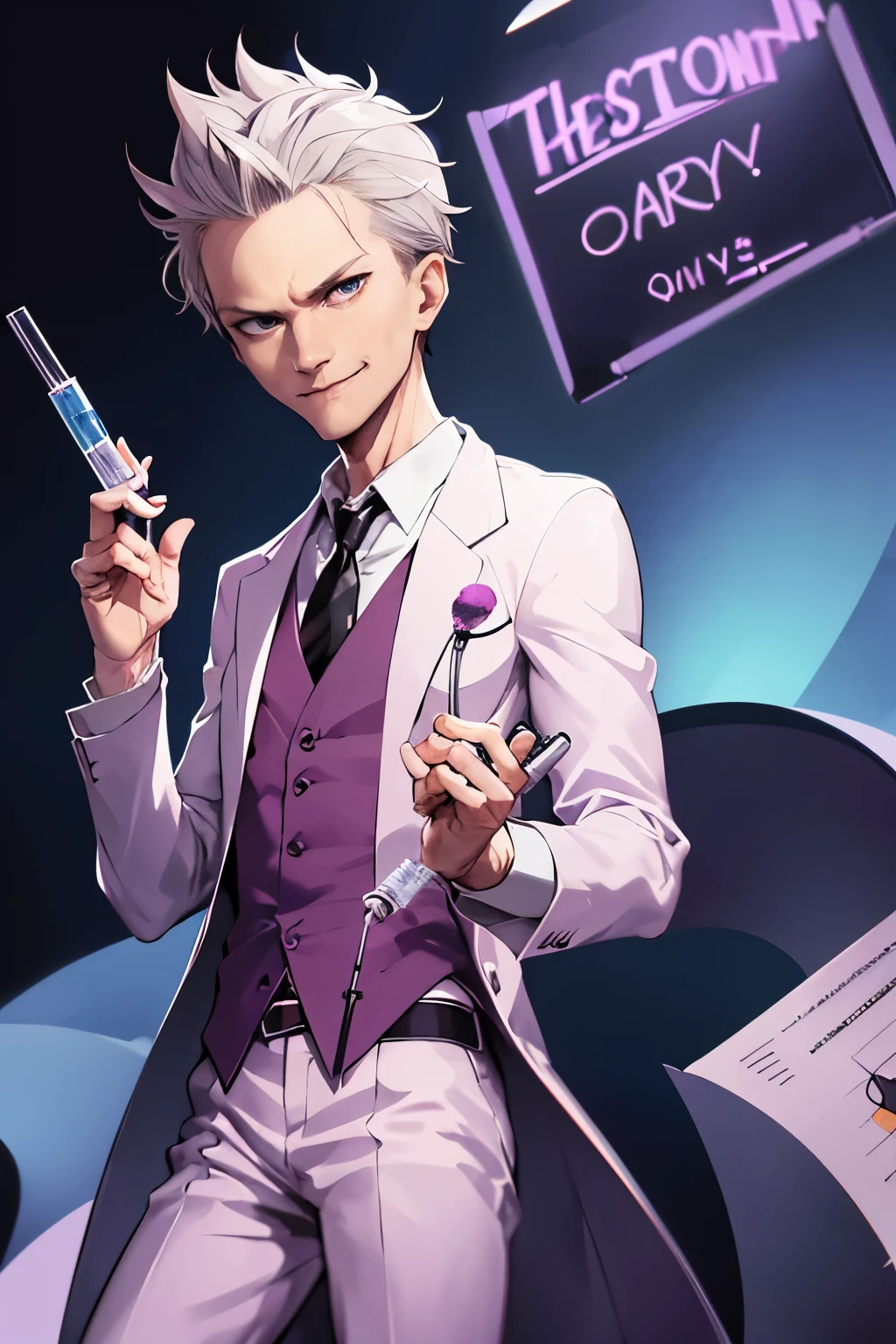 A handsome young man with grey hair and glasses。Eyes are grey。A white coat with classical design decoration、White gloves。Smoking a cigarette。Side angle、Depiction of only the upper body