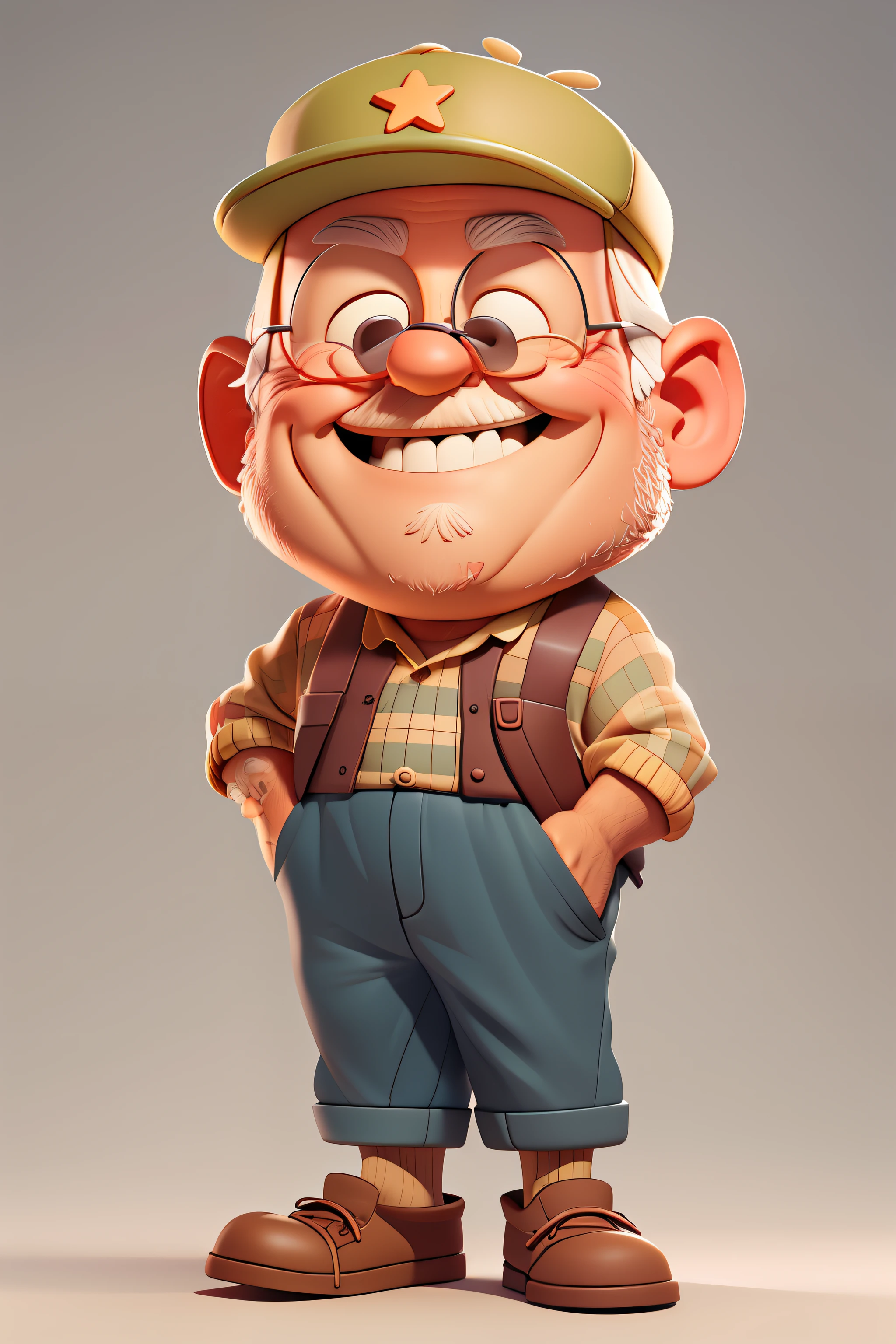 A happy grandpa, portrait, wearing cap, no background, cartoon, pixar style, 3d, looking at the camera, cartoons, detailed face, asymmetrical, upper body