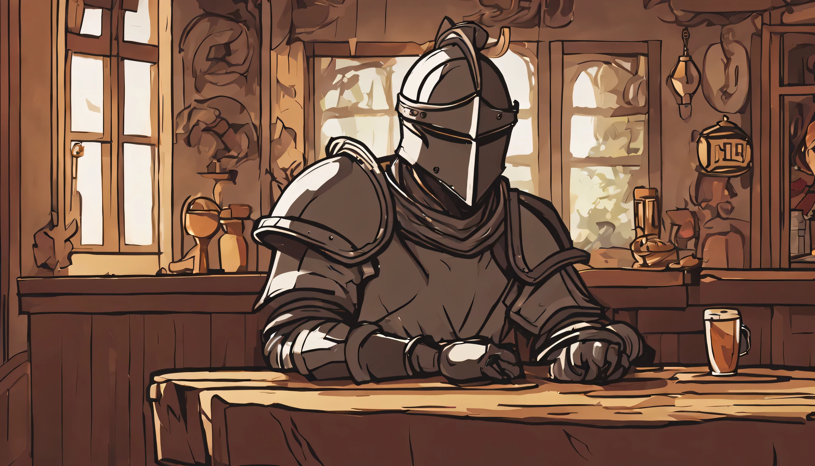 Um cavaleiro com capacete, looking directly at the camera, centro da taberna, behind a desk, estilo de desenho, estilo anime, estilo de desenho animado